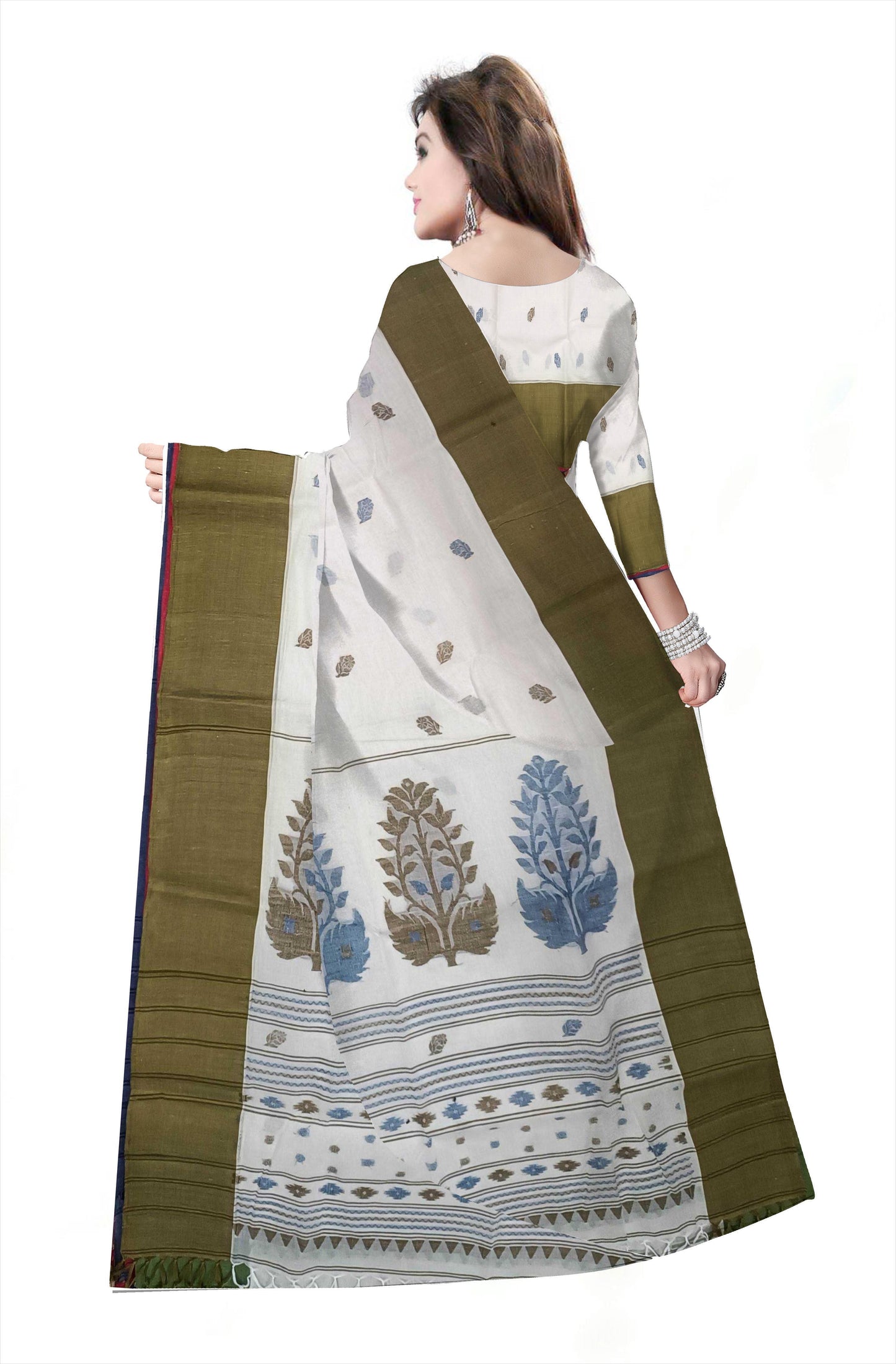 Pradip Fabrics Woven Tant Pure Cotton Saree (white& Dark green )