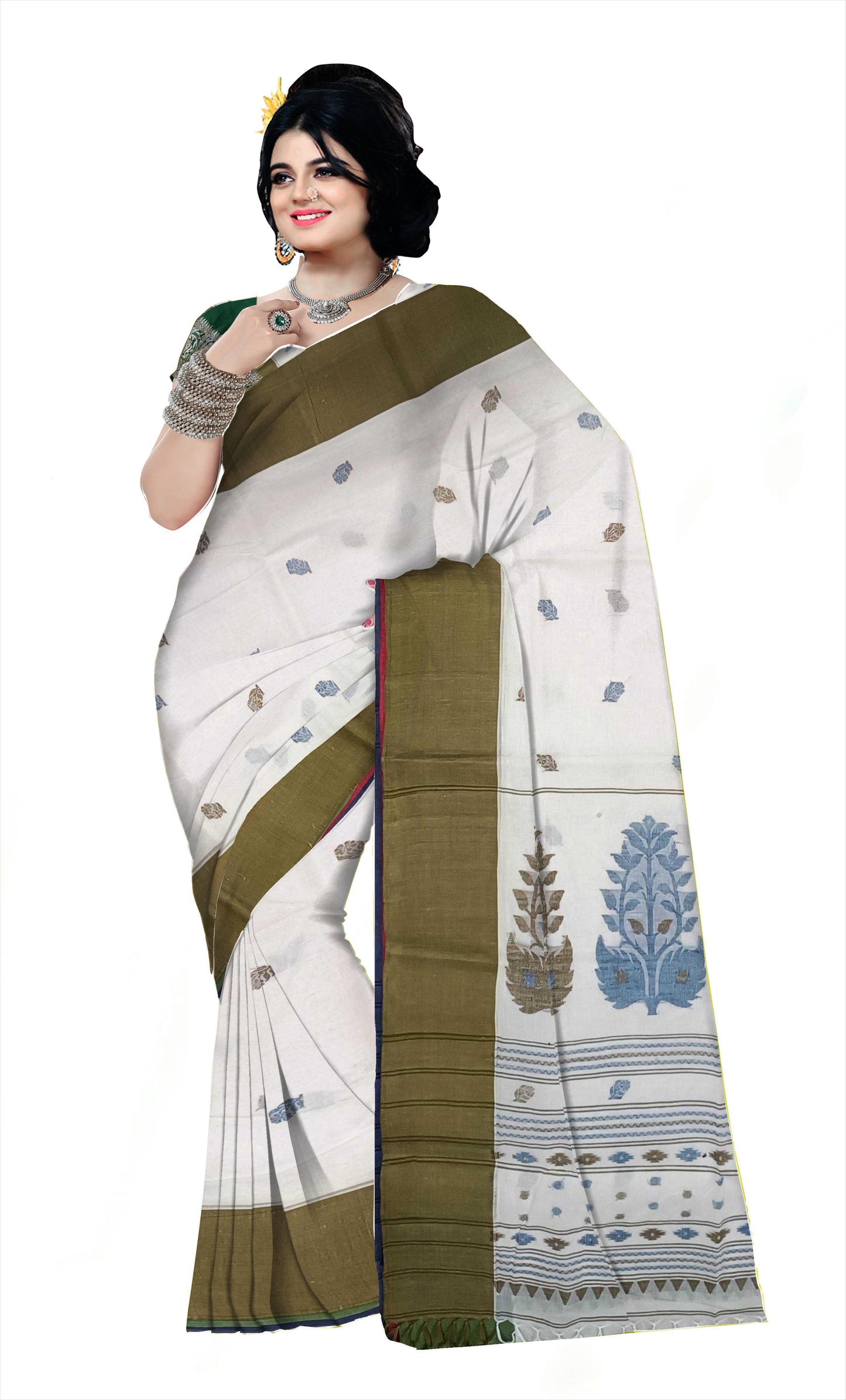 Pradip Fabrics Woven Tant Pure Cotton Saree (white& Dark green )