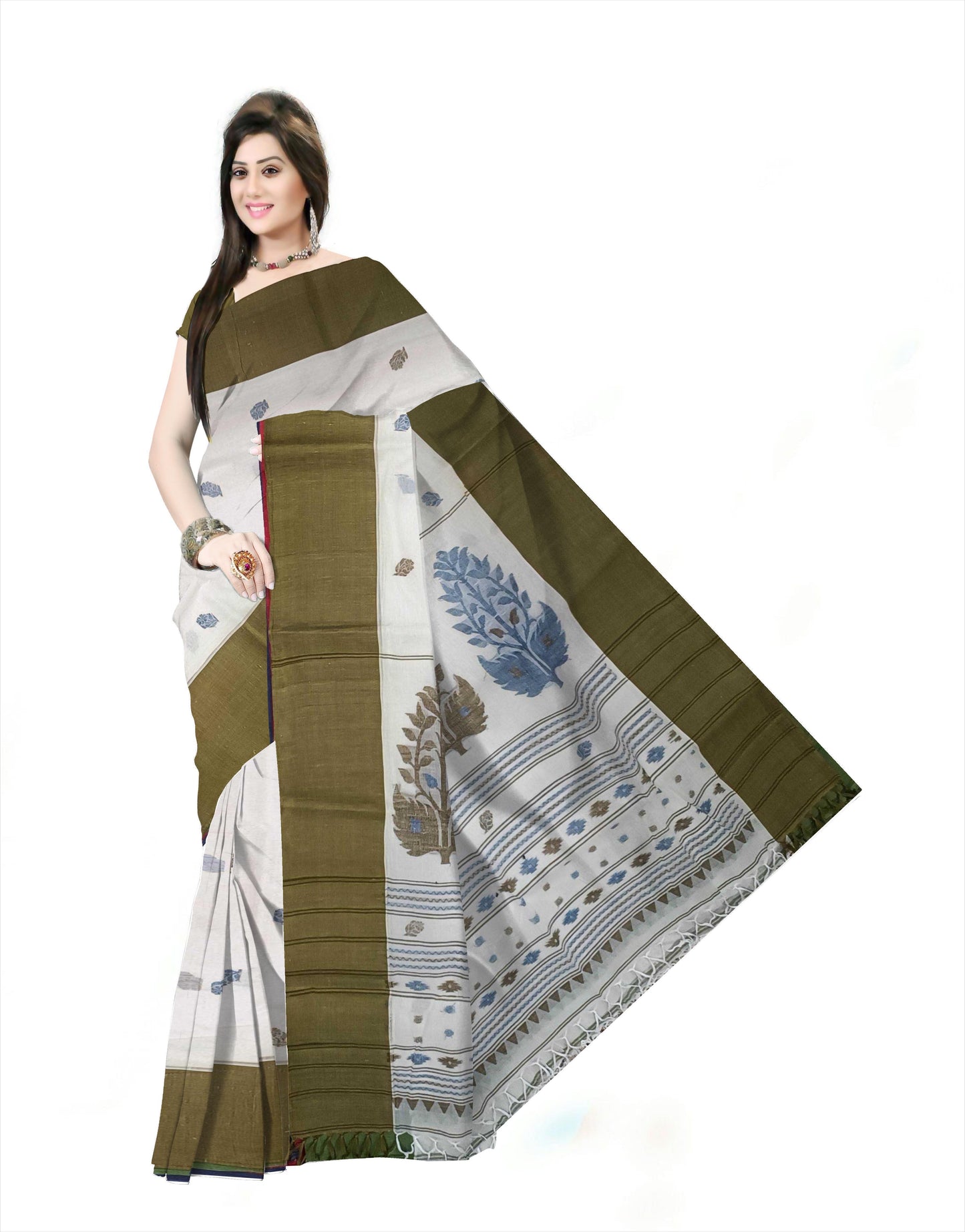 Pradip Fabrics Woven Tant Pure Cotton Saree (white& Dark green )