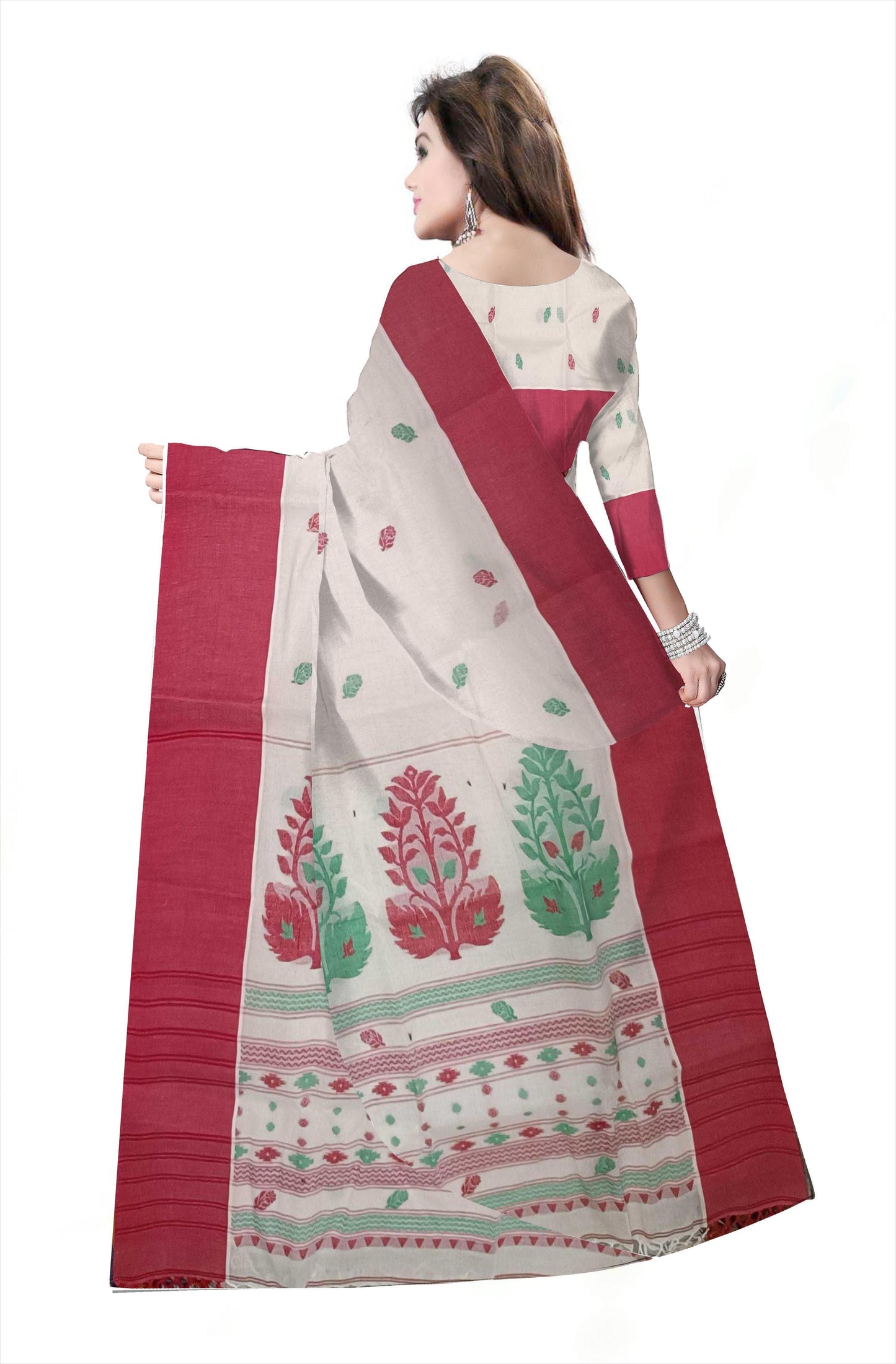 Pradip Fabrics Woven Tant Pure Cotton Saree (white& red )
