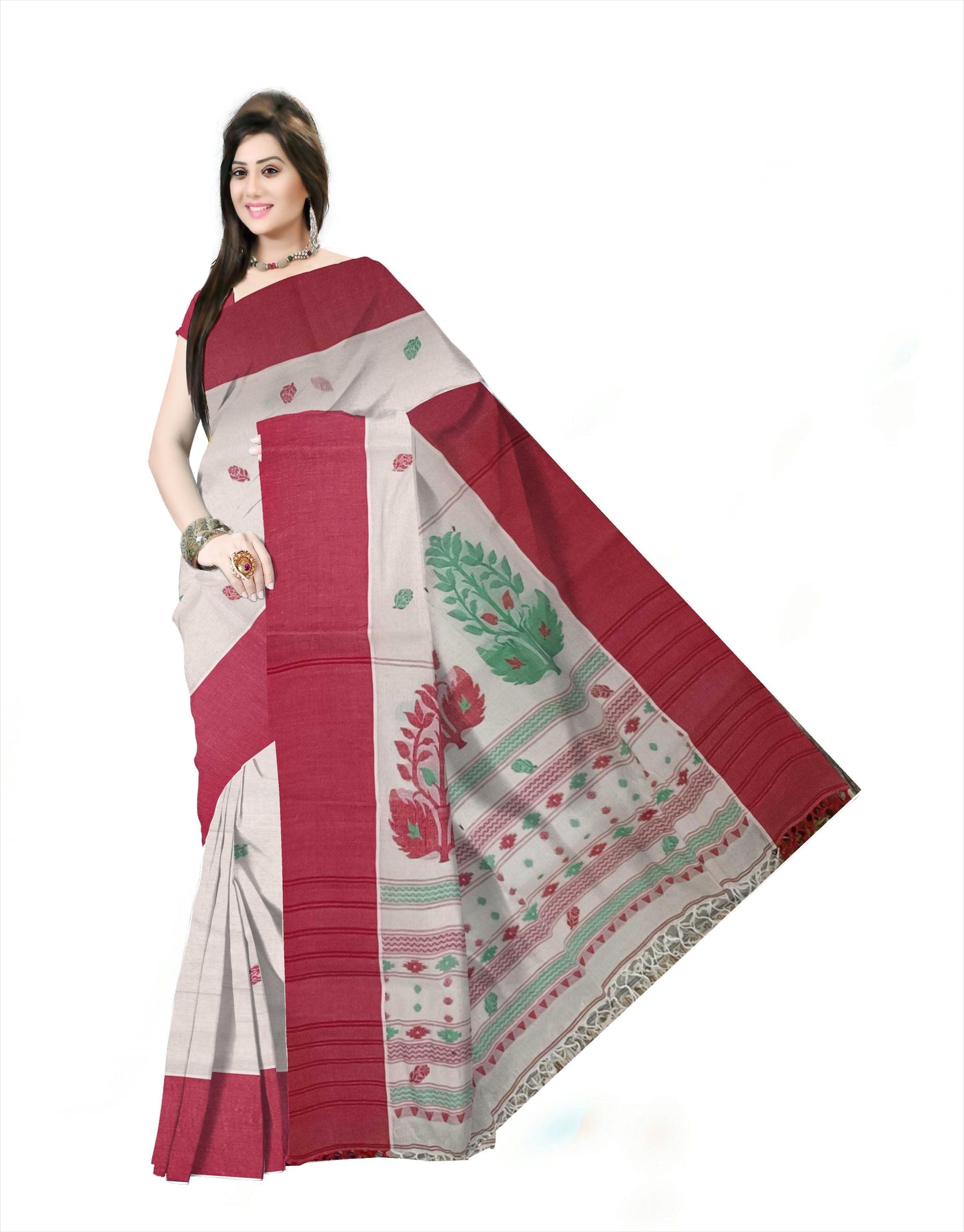 Pradip Fabrics Woven Tant Pure Cotton Saree (white& red )