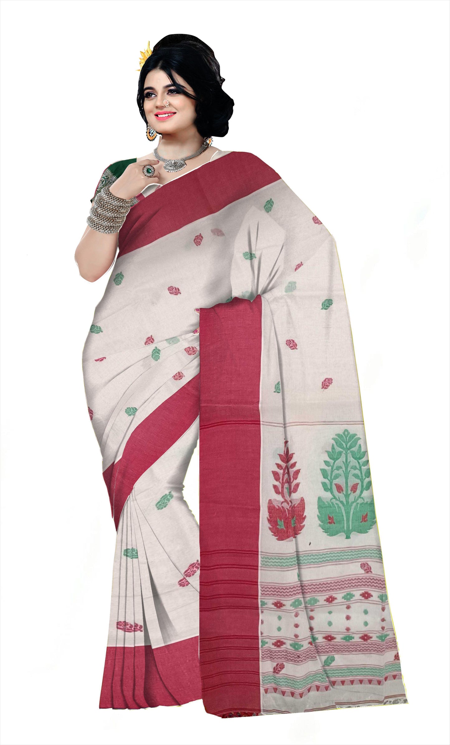 Pradip Fabrics Woven Tant Pure Cotton Saree (white& red )