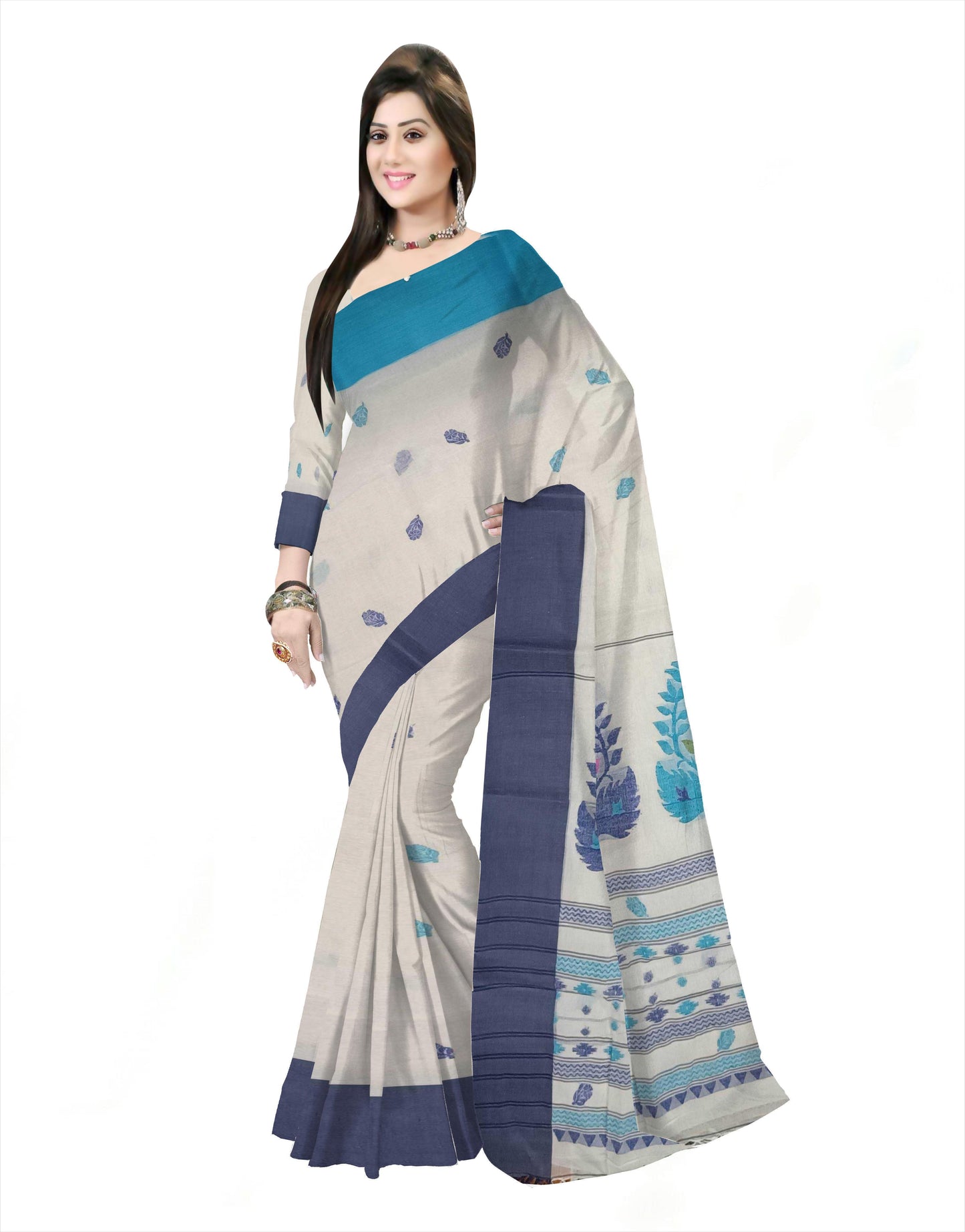 Pradip Fabrics Woven Tant Pure Cotton Saree (sky blue & blue)