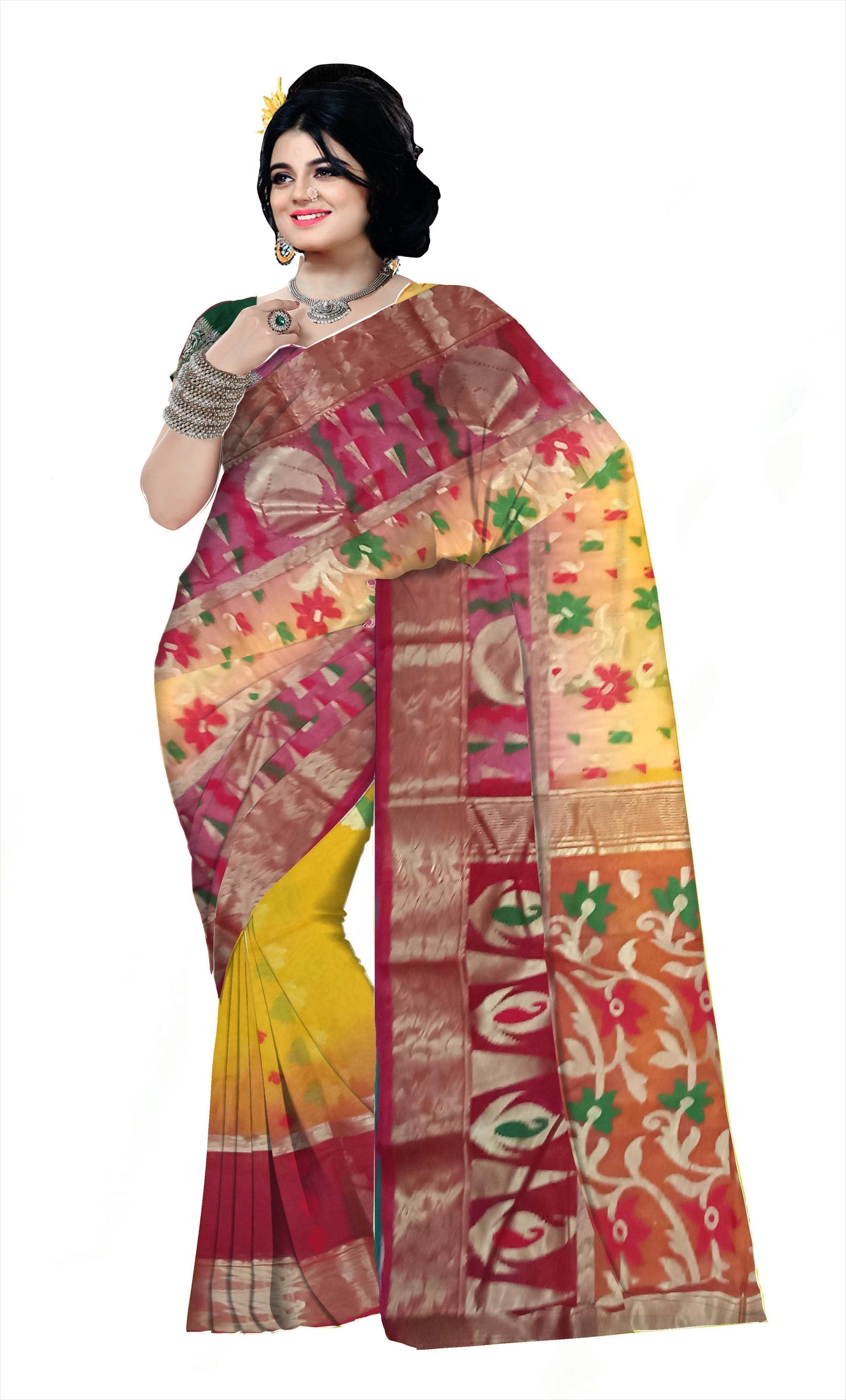 Pradip Fabrics Woven Tant Silk Blend Saree (Red & Yellow )
