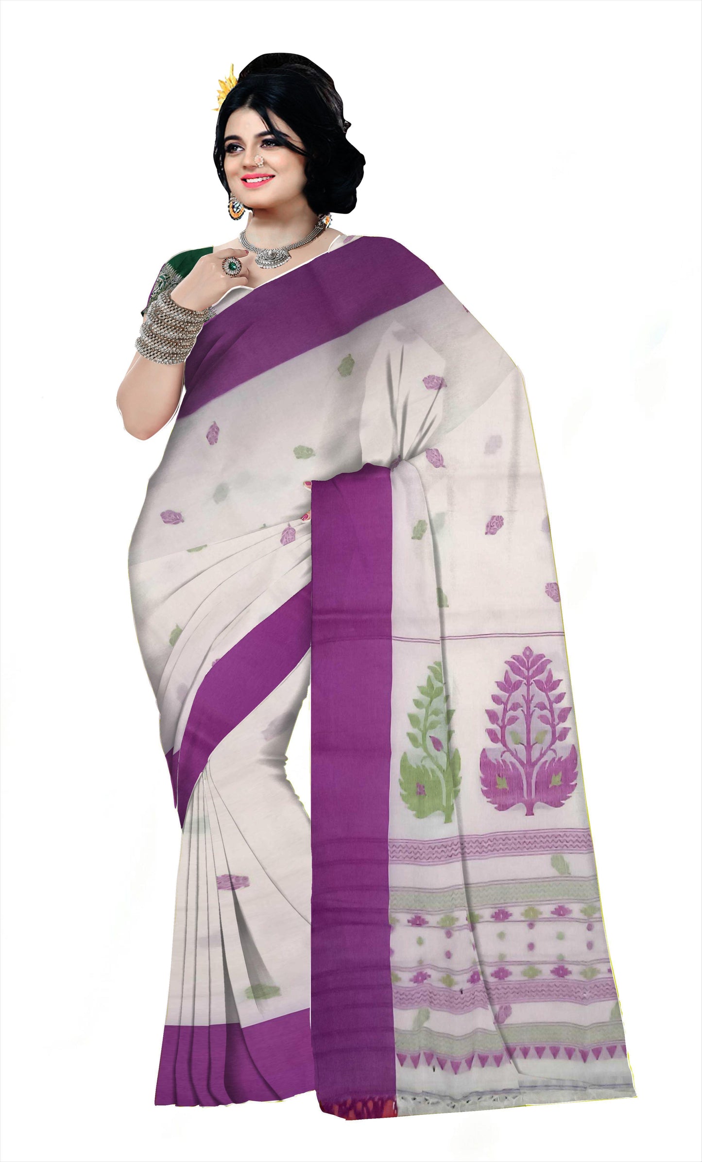 Pradip Fabrics Woven Tant Pure Cotton Saree (white &purple)