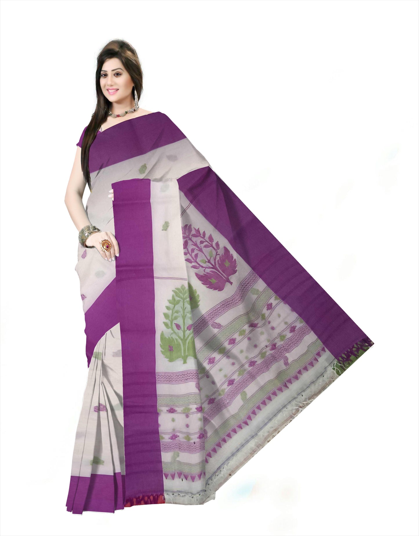 Pradip Fabrics Woven Tant Pure Cotton Saree (white &purple)