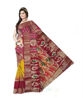 Pradip Fabrics Woven Tant Silk Blend Saree (Red & Yellow )