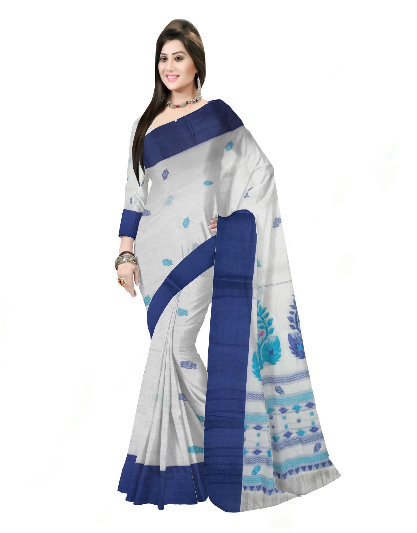 Pradip Fabrics Woven Tant Pure Cotton Saree (white & blue)