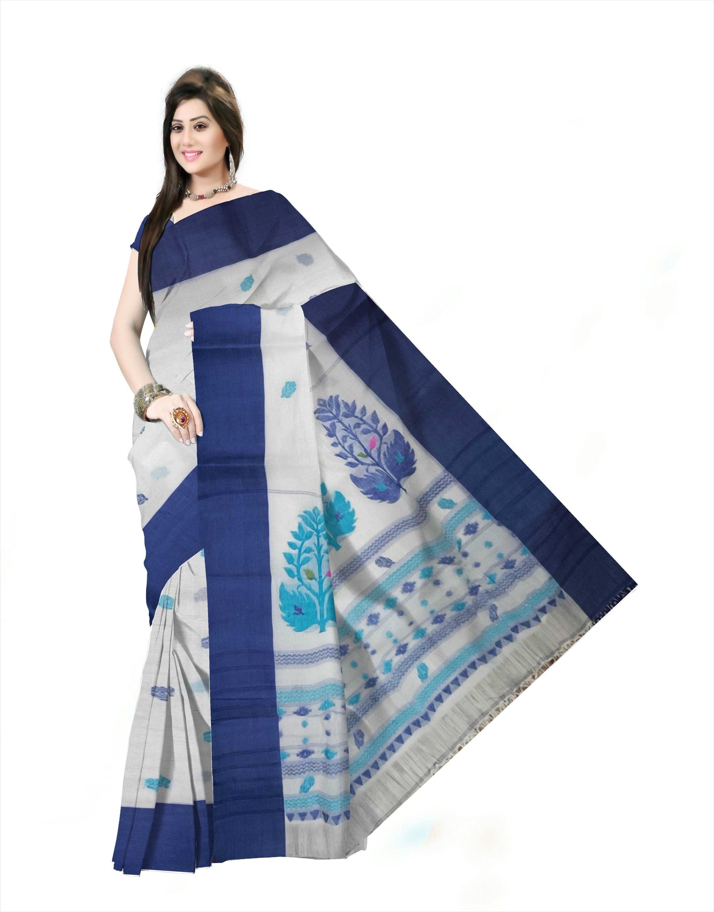 Pradip Fabrics Woven Tant Pure Cotton Saree (white & blue)