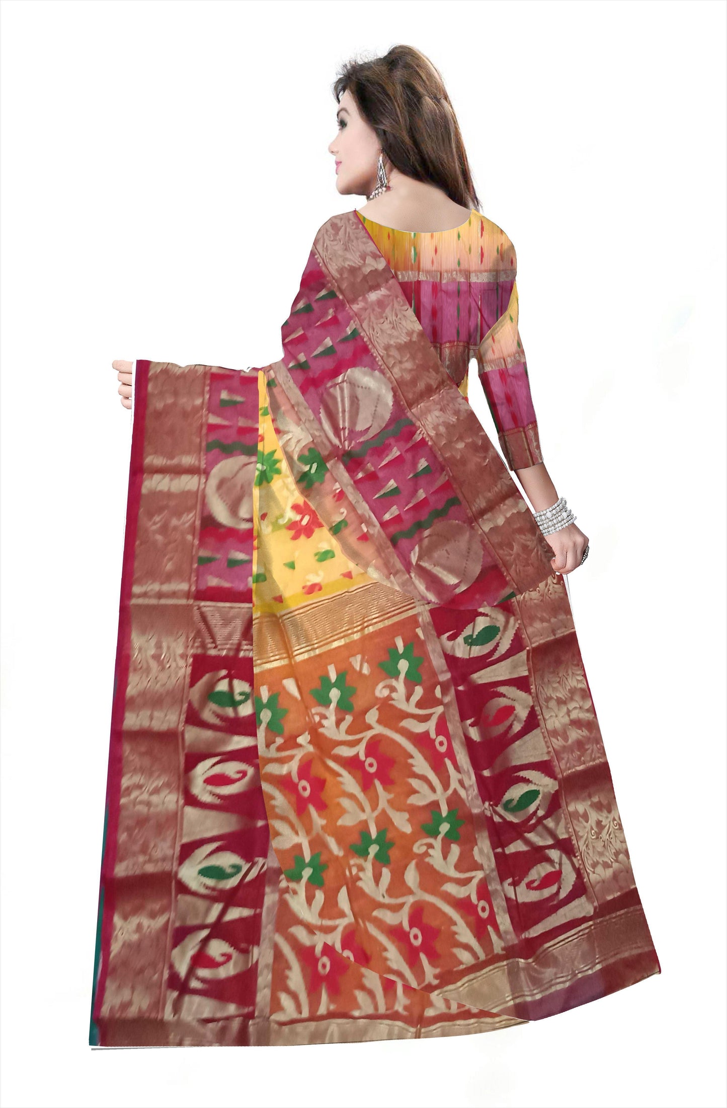 Pradip Fabrics Woven Tant Silk Blend Saree (Red & Yellow )