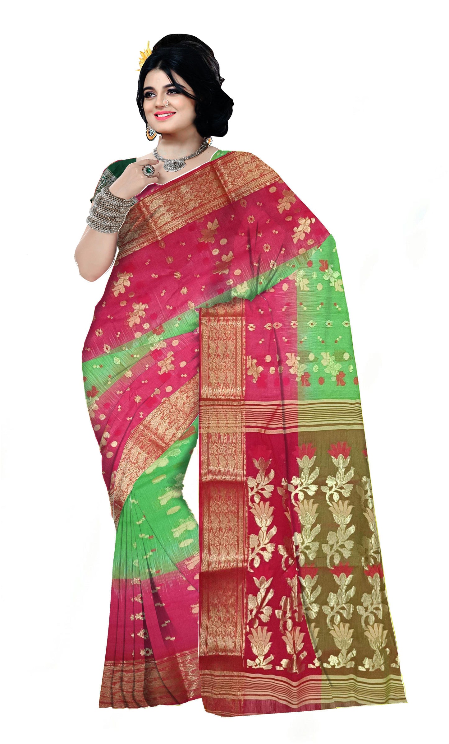 Pradip Fabrics Ethnic Women's Tant Silk green and Red Color Saree