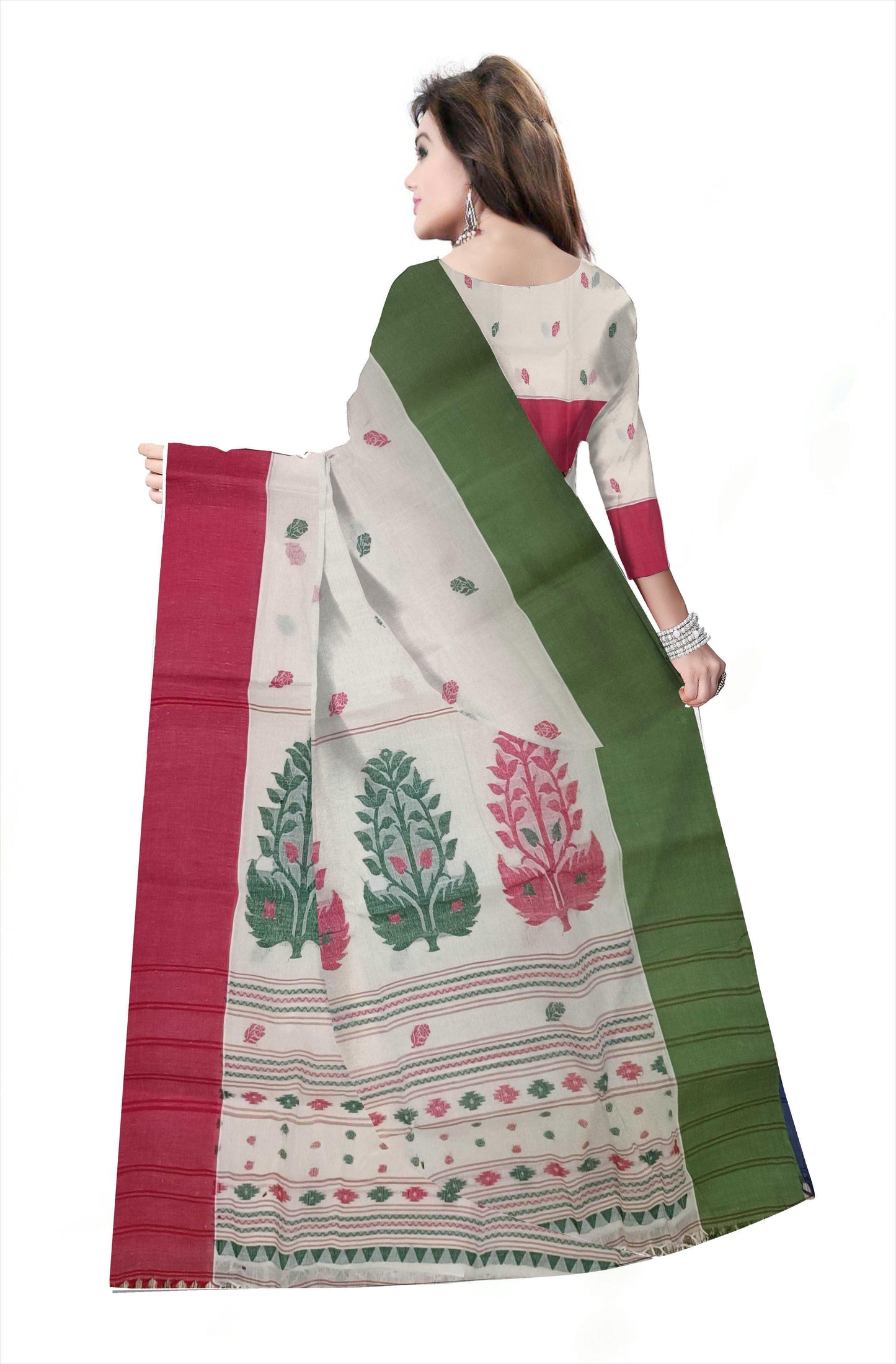 Pradip Fabrics Woven Tant Pure Cotton Saree (Red & green )