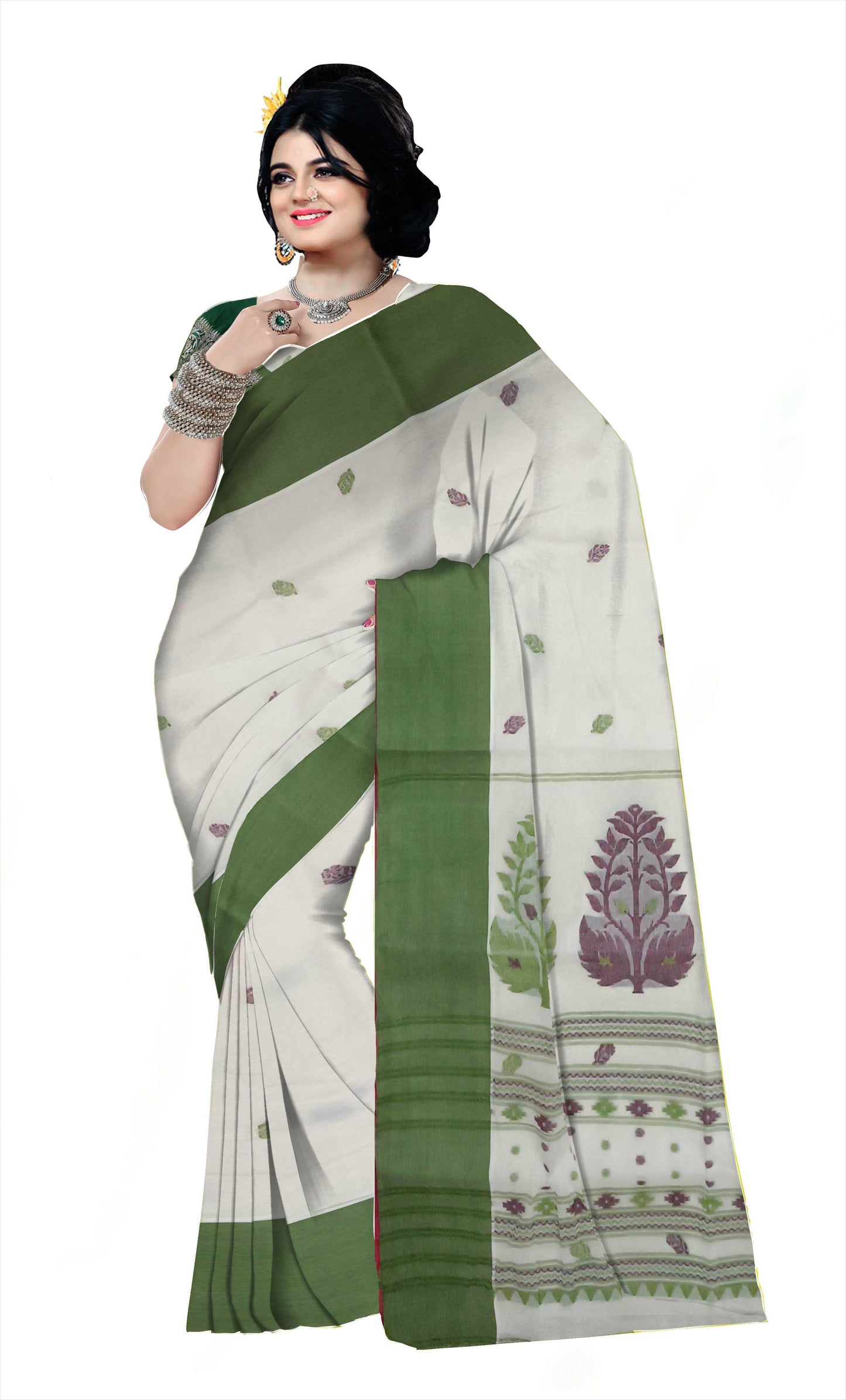Pradip Fabrics Woven Tant Pure Cotton Saree (white & green )