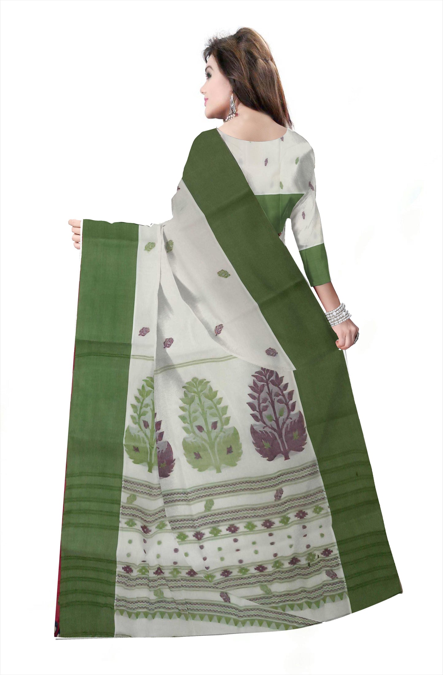 Pradip Fabrics Woven Tant Pure Cotton Saree (white & green )