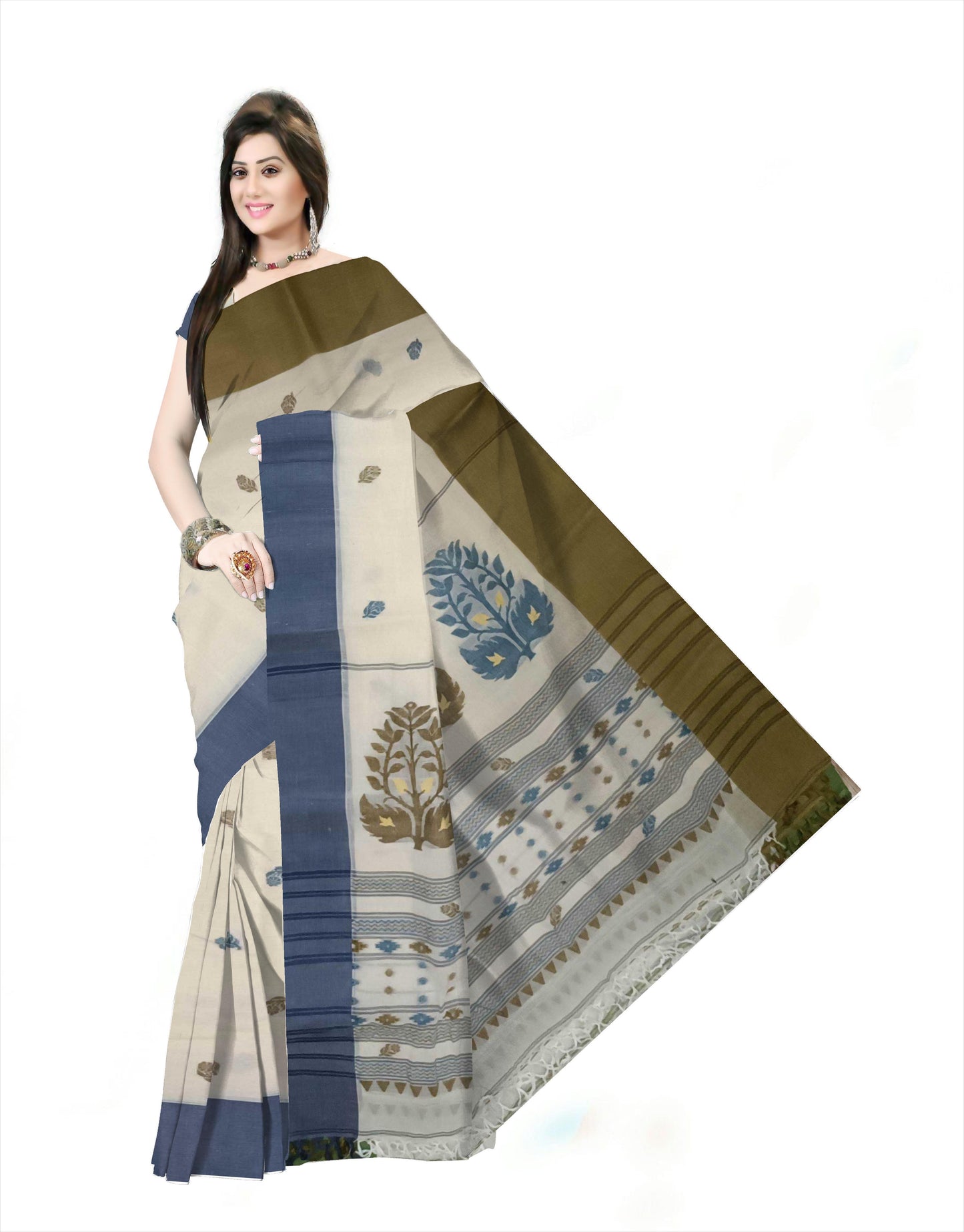 Pradip Fabrics Woven Tant Pure Cotton Saree (white , blue & dark green )