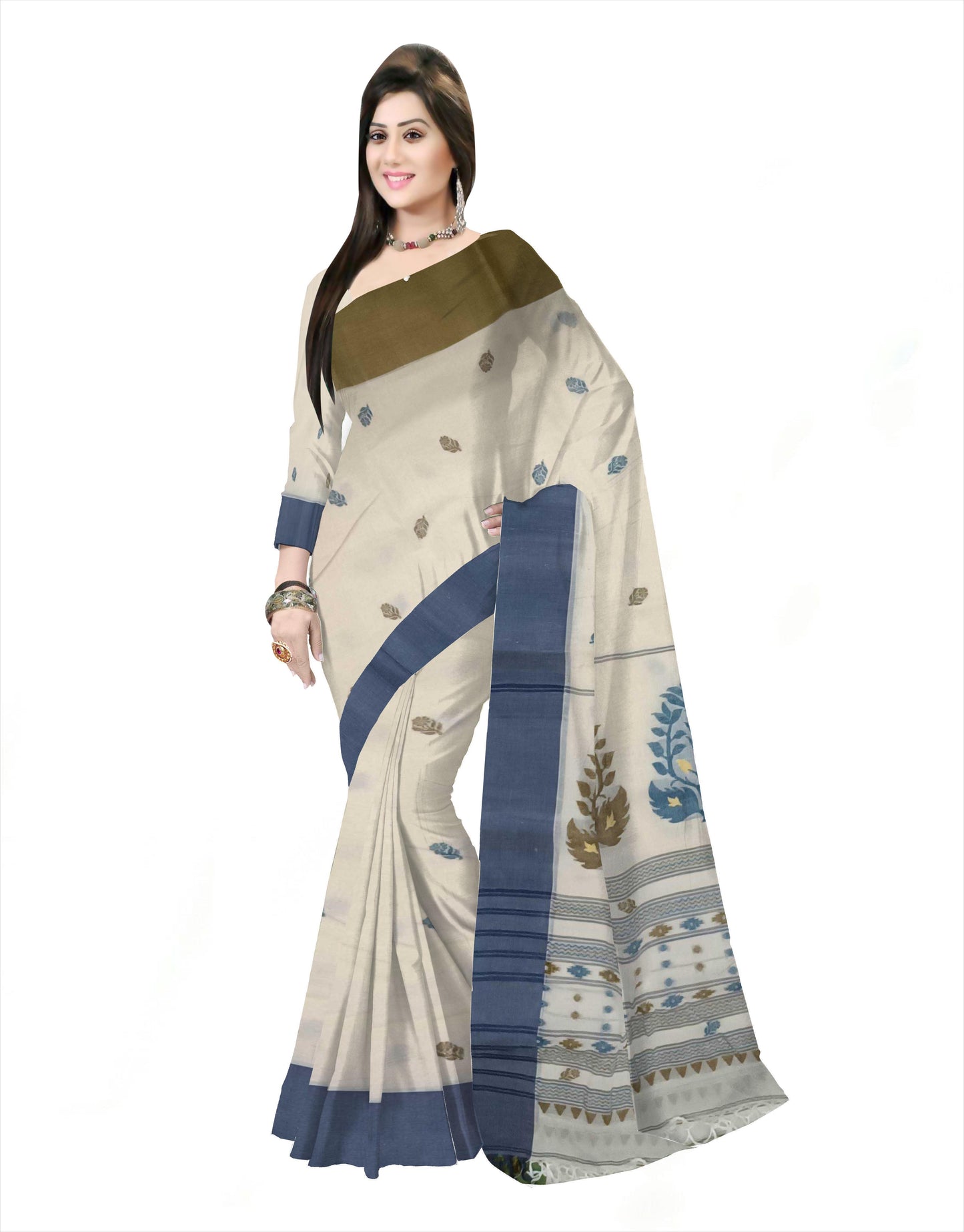 Pradip Fabrics Woven Tant Pure Cotton Saree (white , blue & dark green )