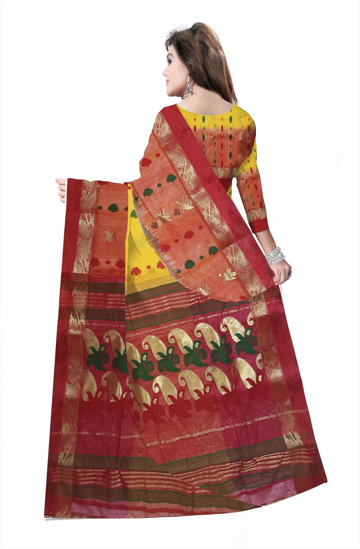 Pradip Fabrics Red and Yellow Tant Silk Blend Saree