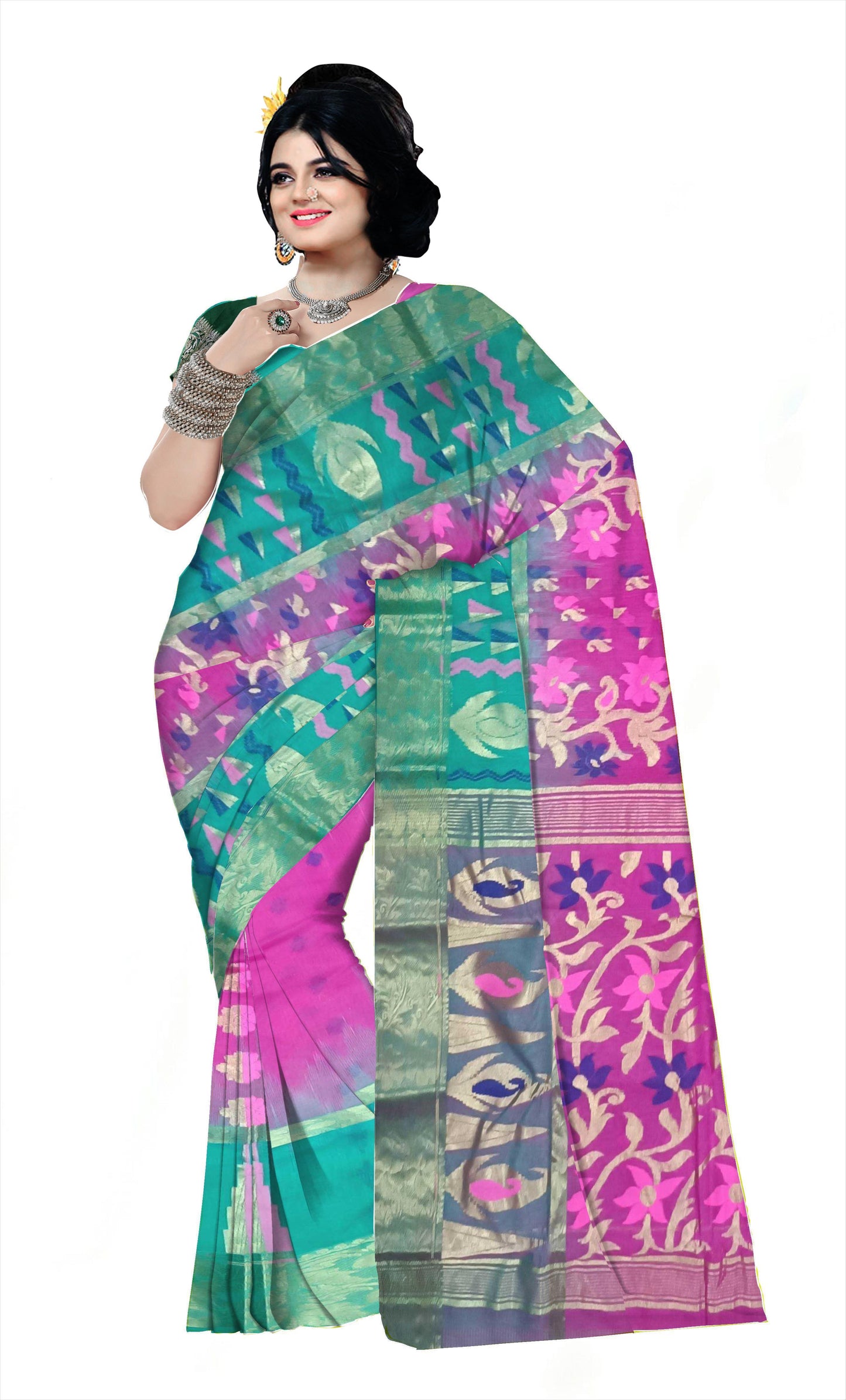 Woven Tant Silk Blend Saree (green & Pink)