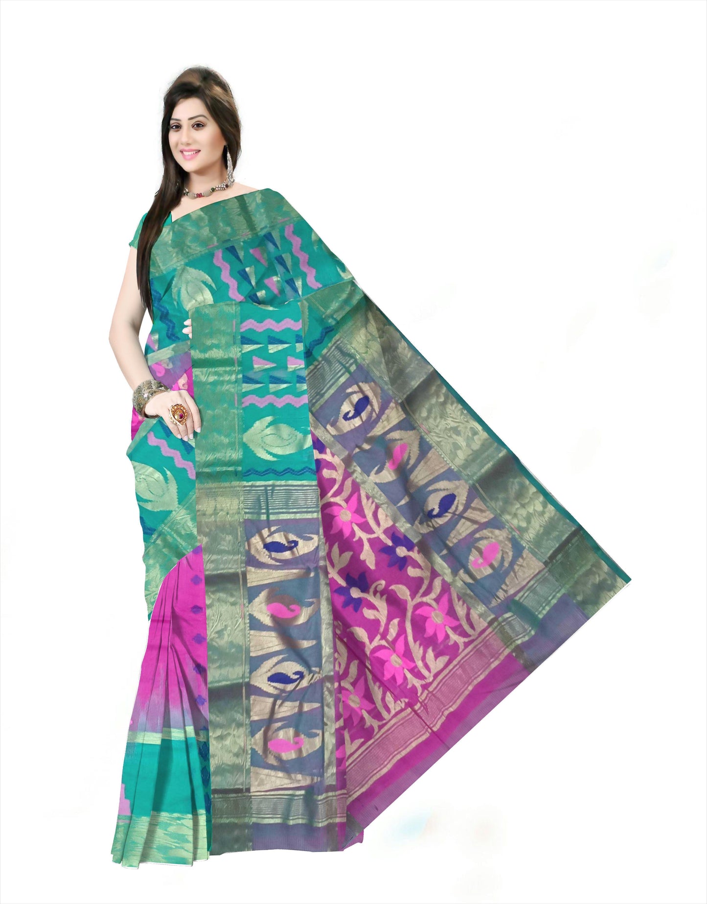 Woven Tant Silk Blend Saree (green & Pink)