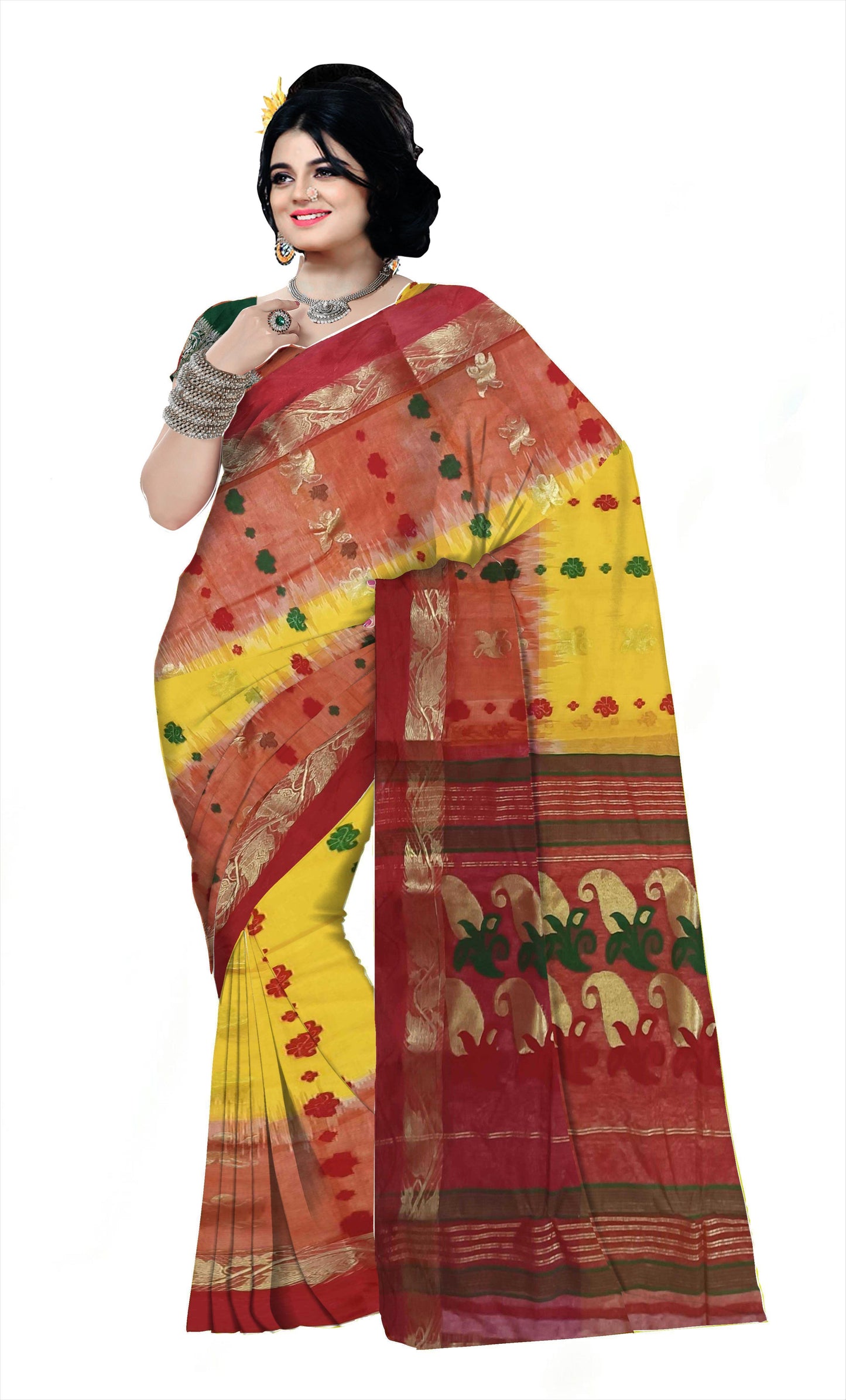 Pradip Fabrics Red and Yellow Tant Silk Blend Saree