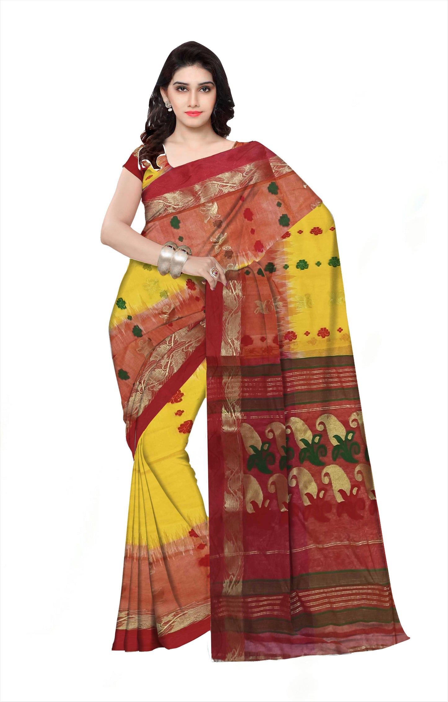 Pradip Fabrics Red and Yellow Tant Silk Blend Saree