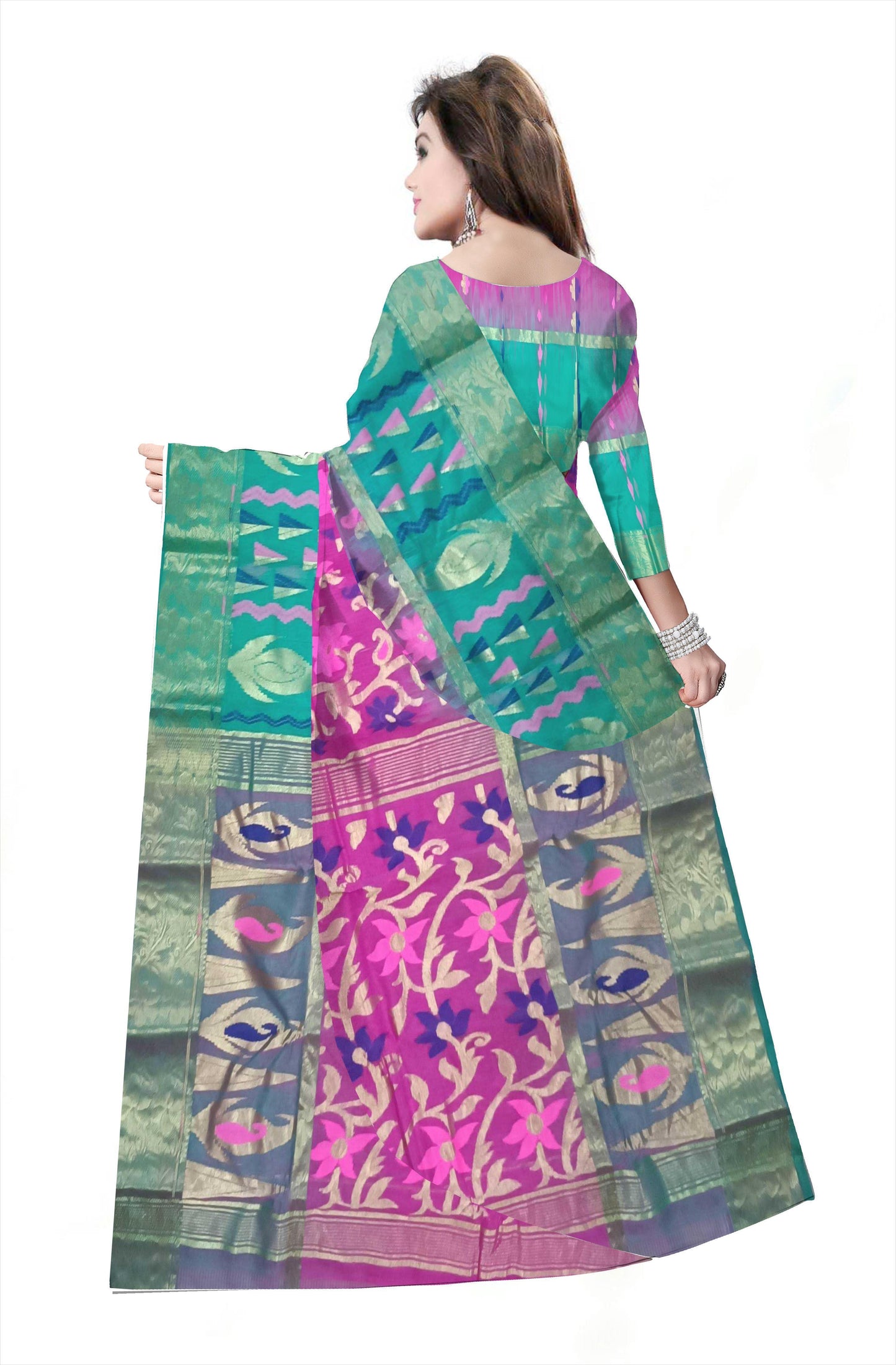 Woven Tant Silk Blend Saree (green & Pink)