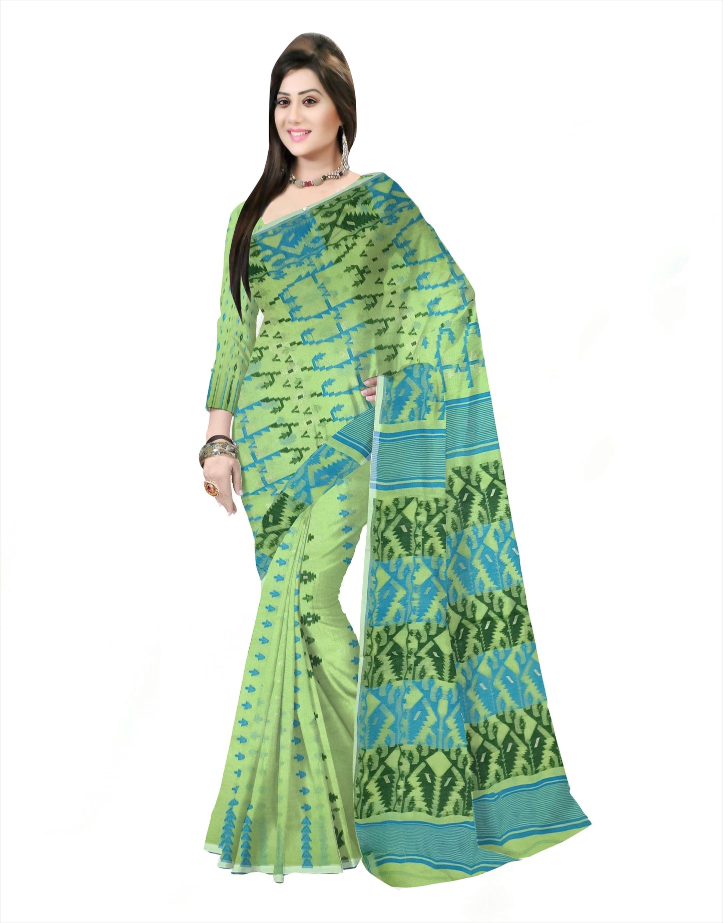 Pradip Fabrics Ethnic Women's Cotton Tant Gap Jamdani Green Color Saree