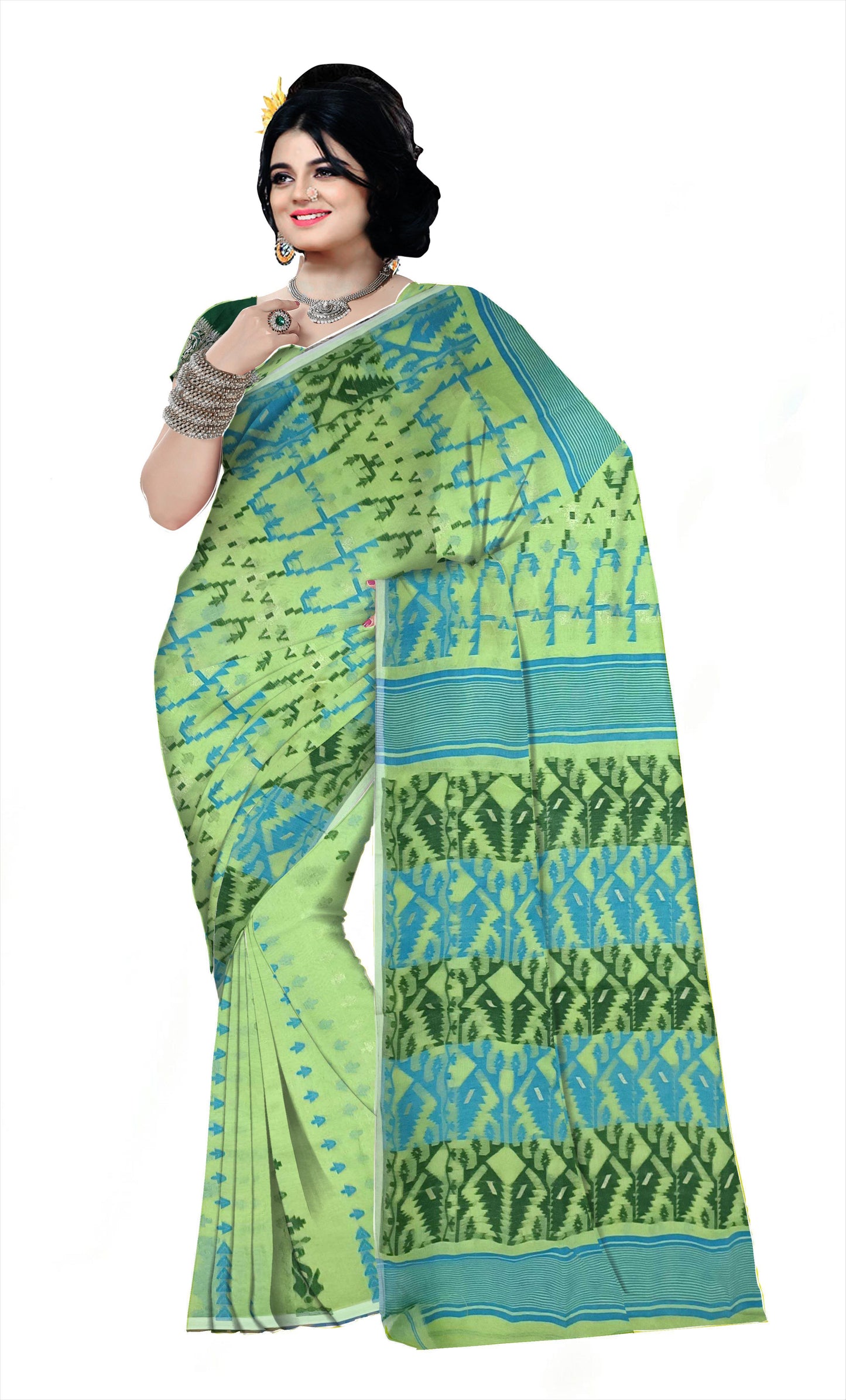 Pradip Fabrics Ethnic Women's Cotton Tant Gap Jamdani Green Color Saree