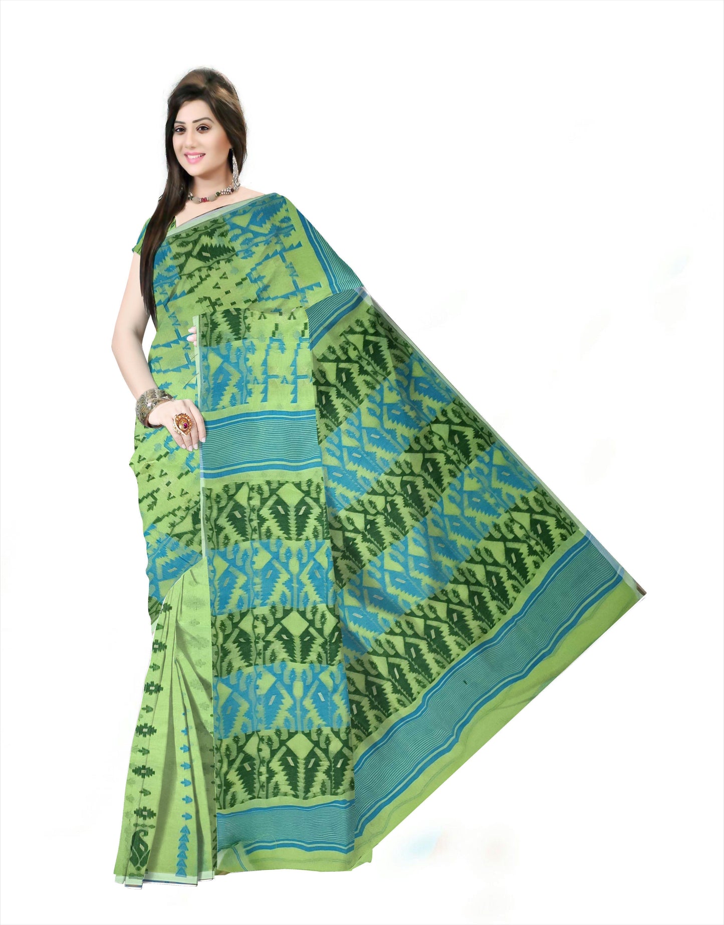 Pradip Fabrics Ethnic Women's Cotton Tant Gap Jamdani Green Color Saree