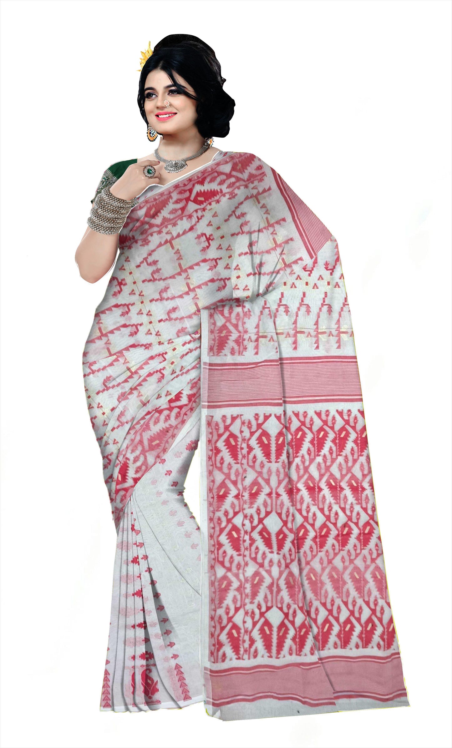 Pradip Fabrics Ethnic Women's Cotton Tant Gap Jamdani Red & white Color Saree