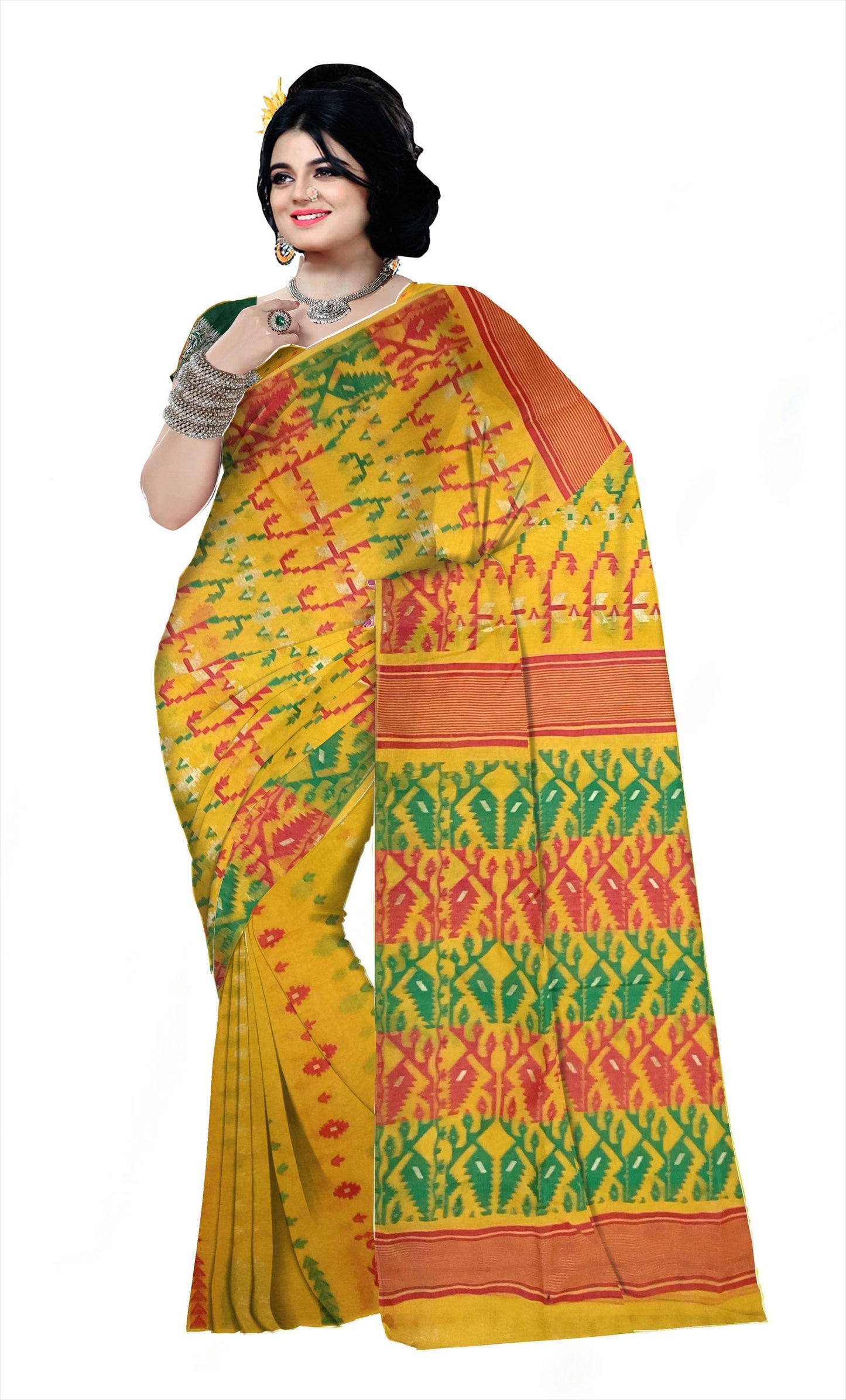 Pradip Fabrics Ethnic Women's Cotton Tant Gap Jamdani Yellow Color Saree