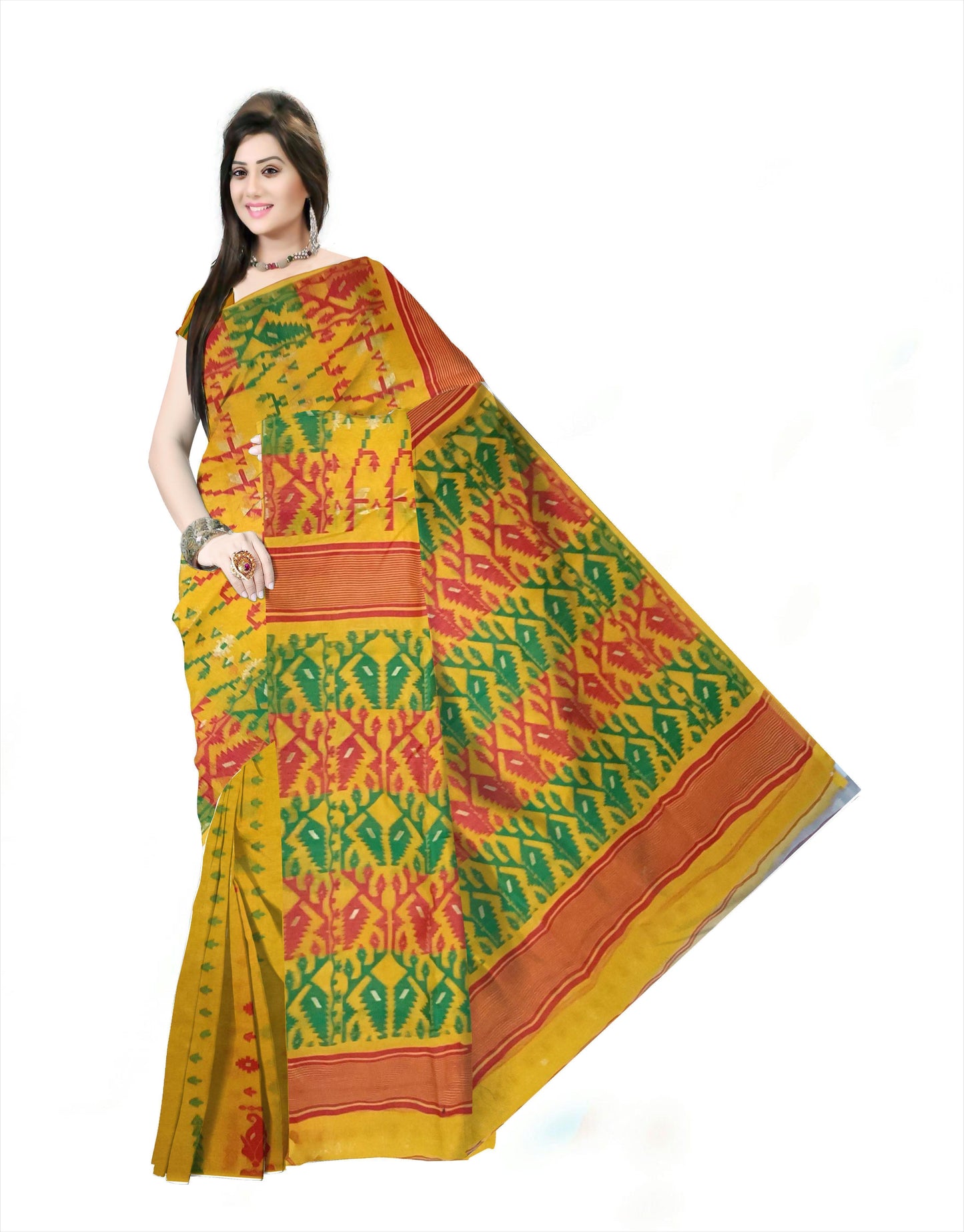 Pradip Fabrics Ethnic Women's Cotton Tant Gap Jamdani Yellow Color Saree