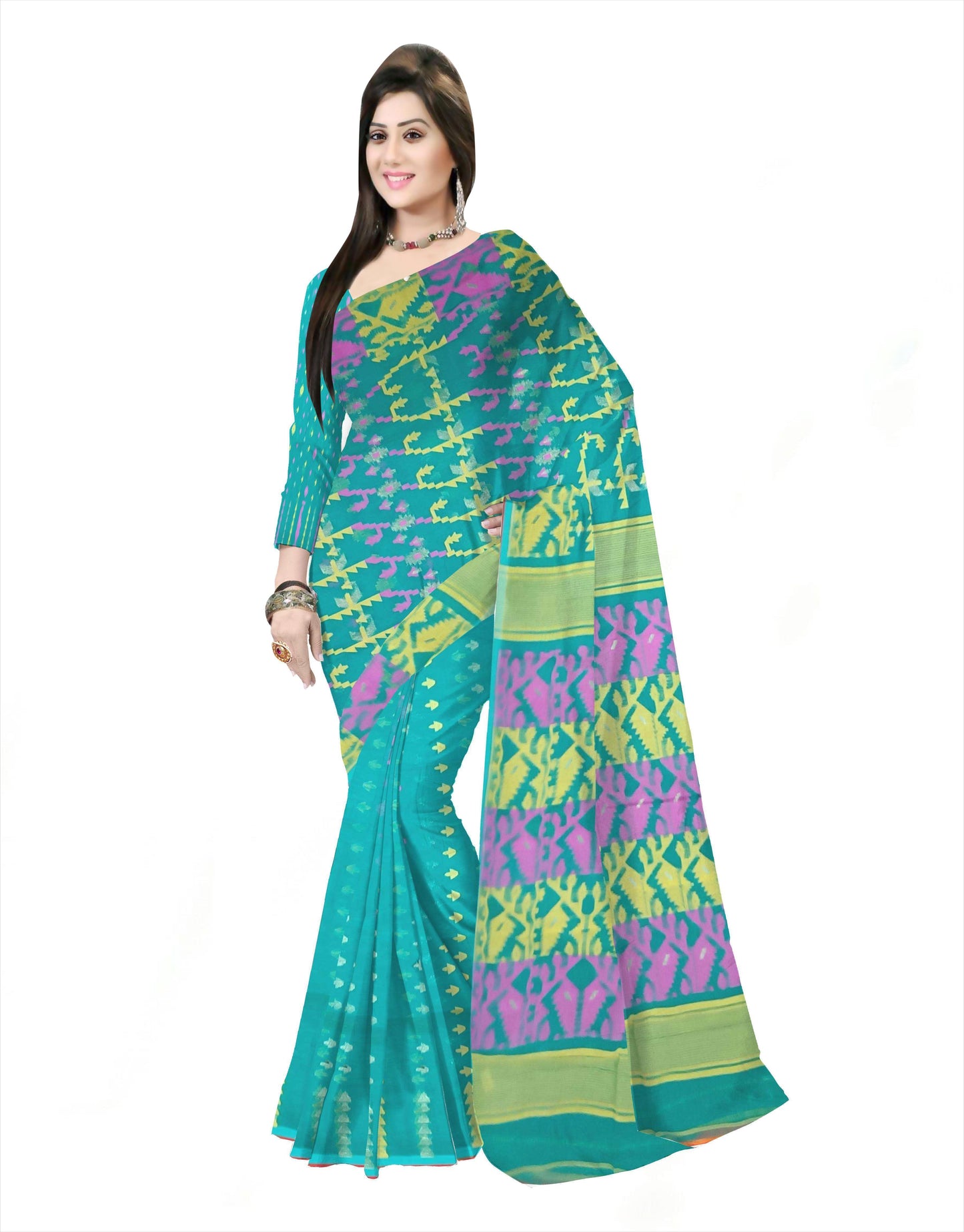 Pradip Fabrics Ethnic Women's Cotton Tant Gap Jamdani Green Color Saree