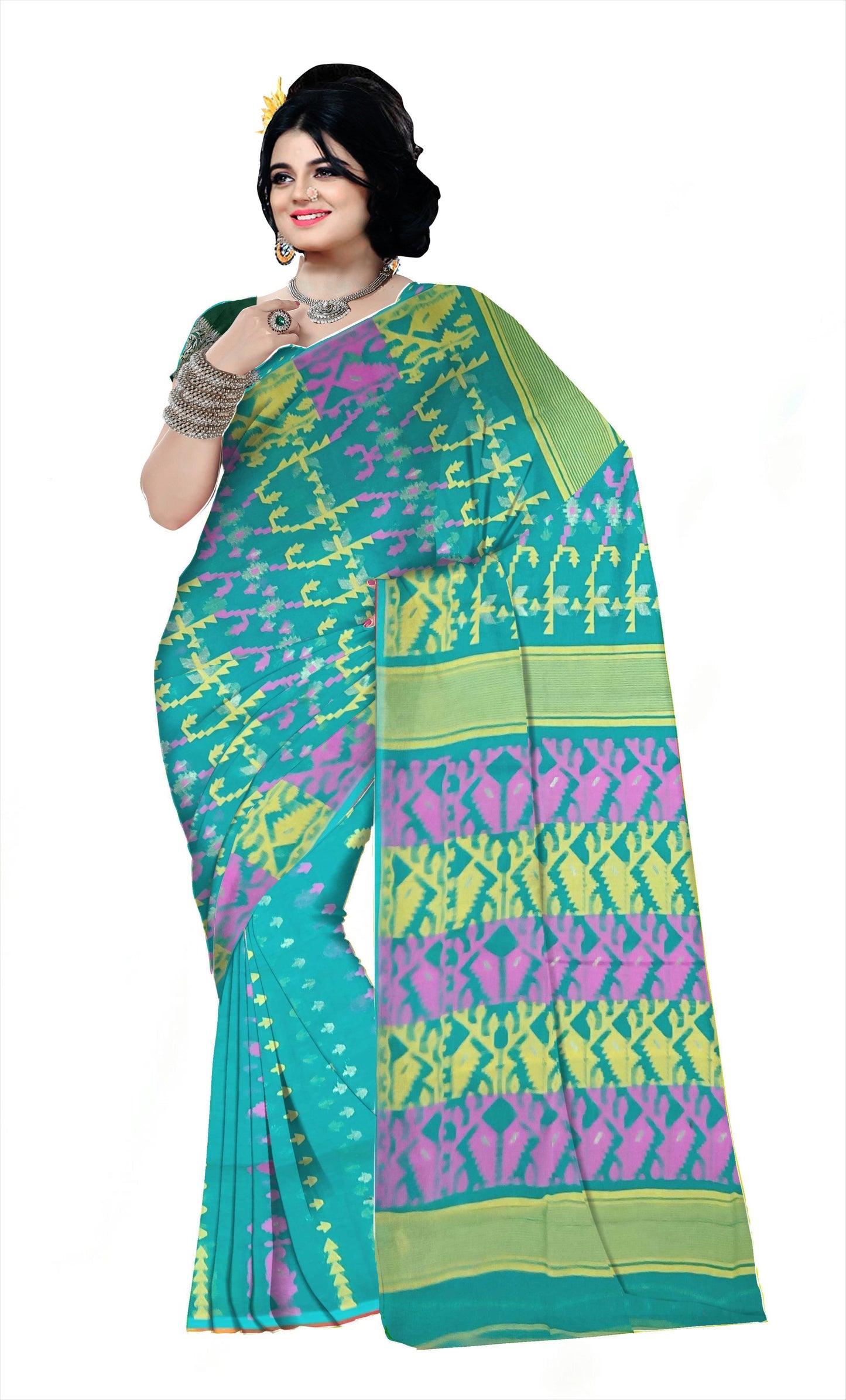 Pradip Fabrics Ethnic Women's Cotton Tant Gap Jamdani Green Color Saree