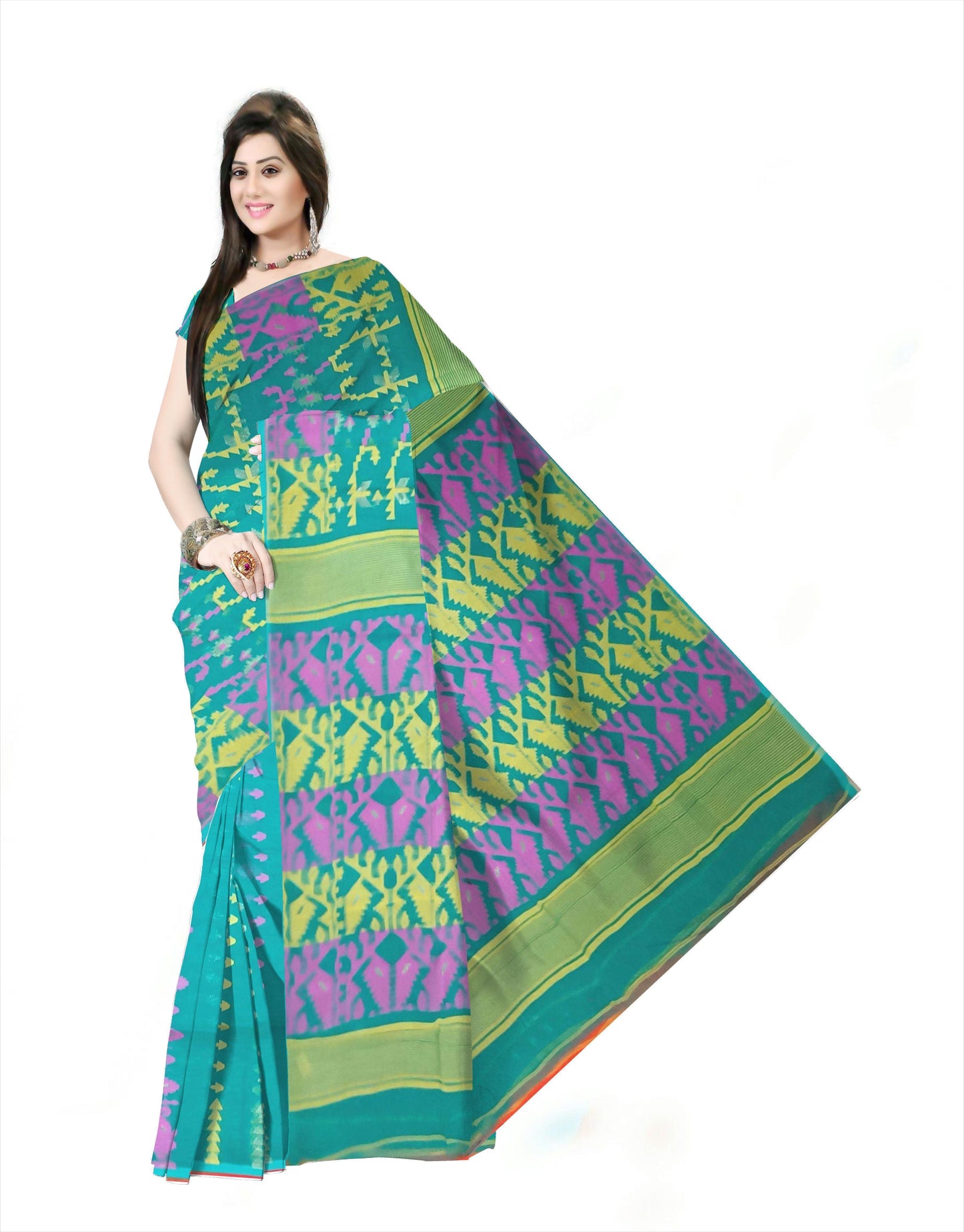 Pradip Fabrics Ethnic Women's Cotton Tant Gap Jamdani Green Color Saree