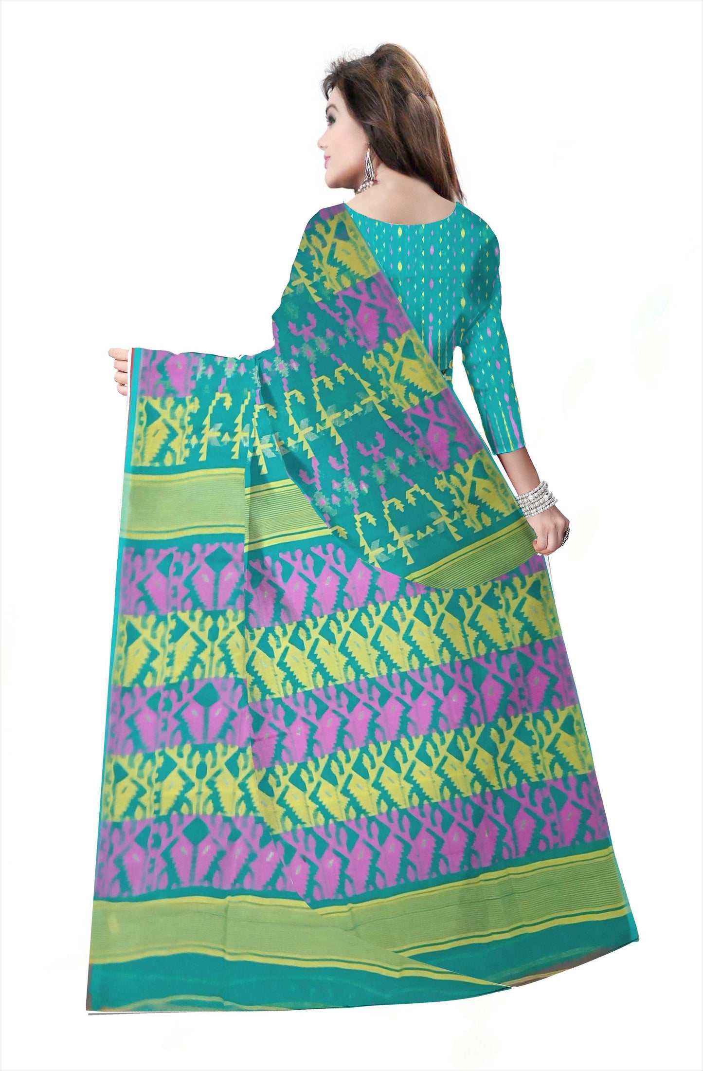 Pradip Fabrics Ethnic Women's Cotton Tant Gap Jamdani Green Color Saree