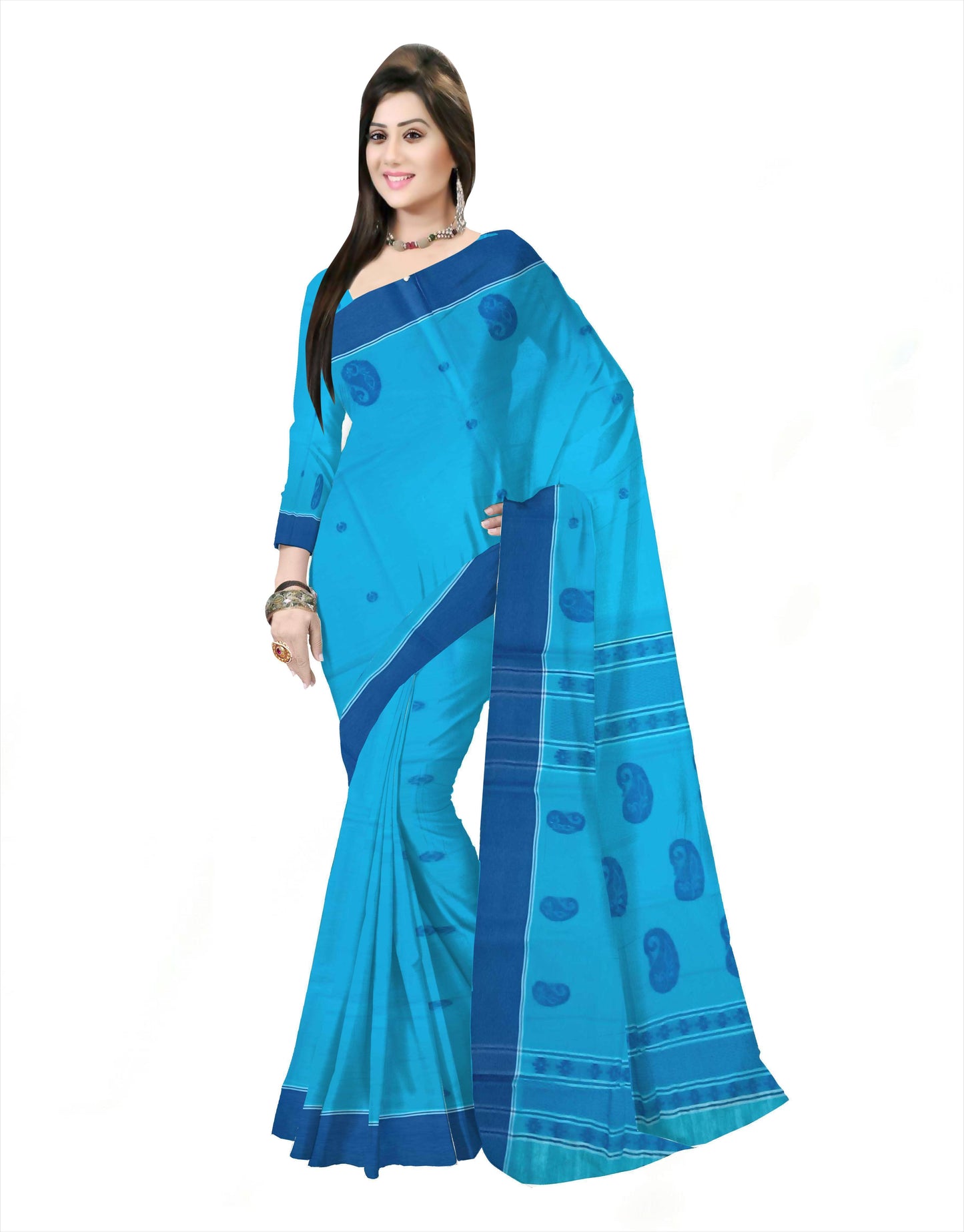 Pradip Fabrics Woven Tant Pure Cotton Saree (Blue)