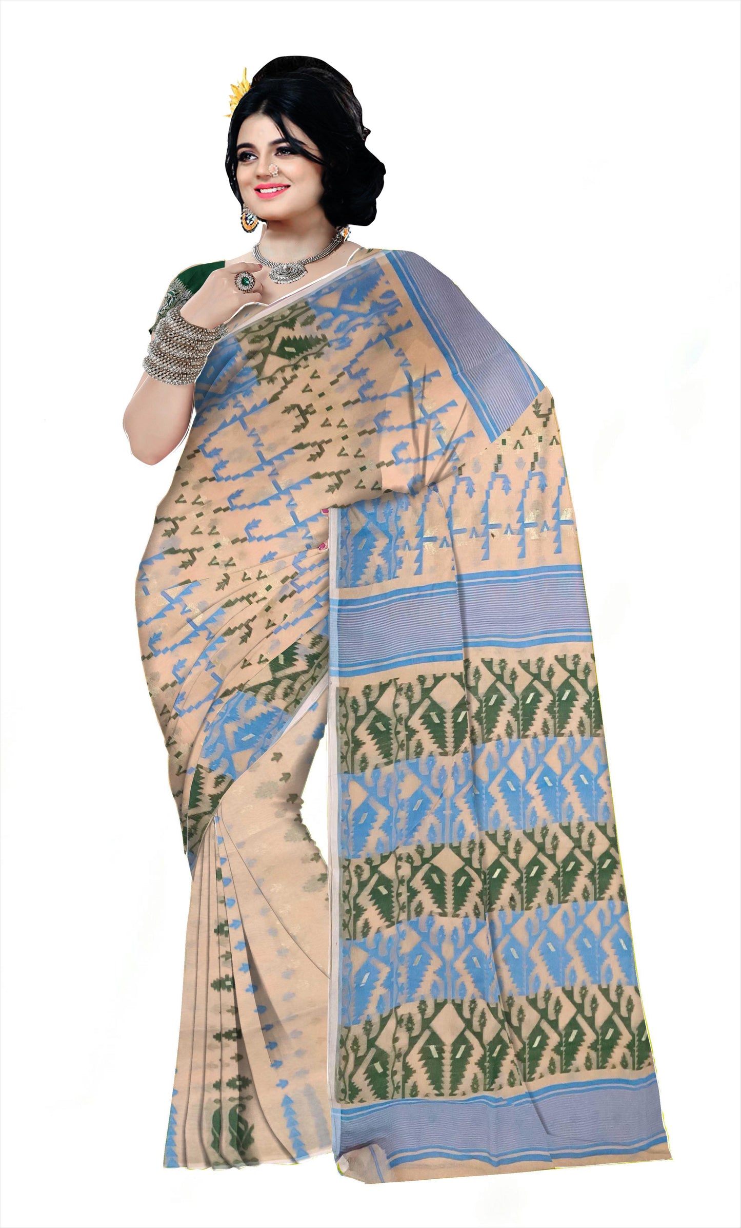 Pradip Fabrics Ethnic Women's Cotton Tant Gap Jamdani Cream Color Saree