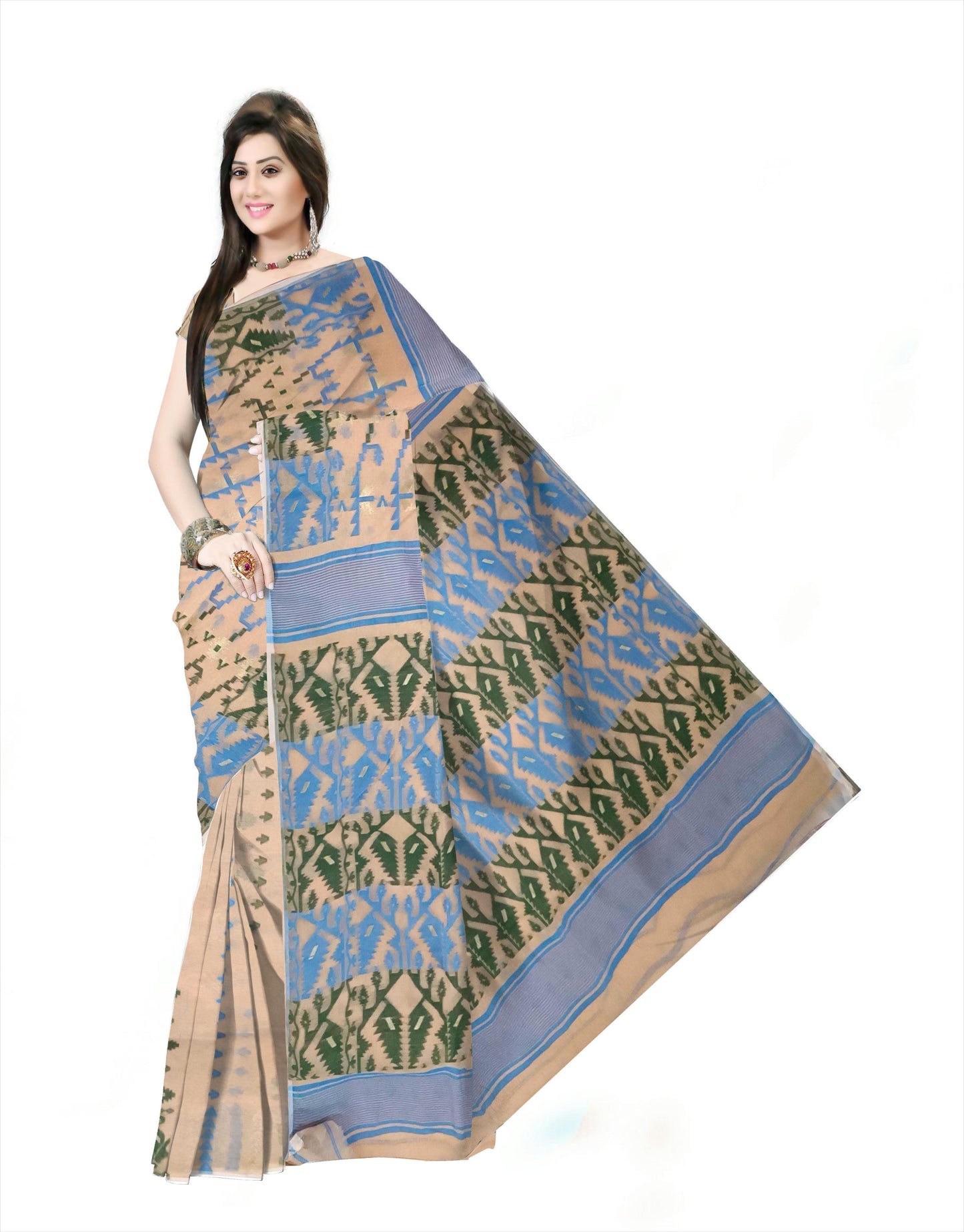 Pradip Fabrics Ethnic Women's Cotton Tant Gap Jamdani Cream Color Saree