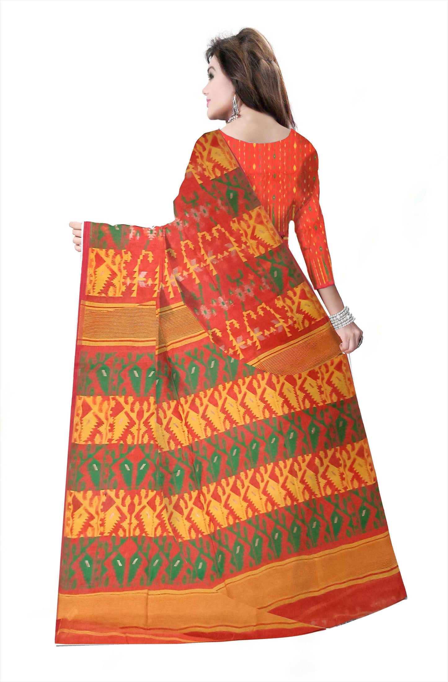 Pradip Fabrics Ethnic Women's Cotton Tant Gap Jamdani Orange Color Saree