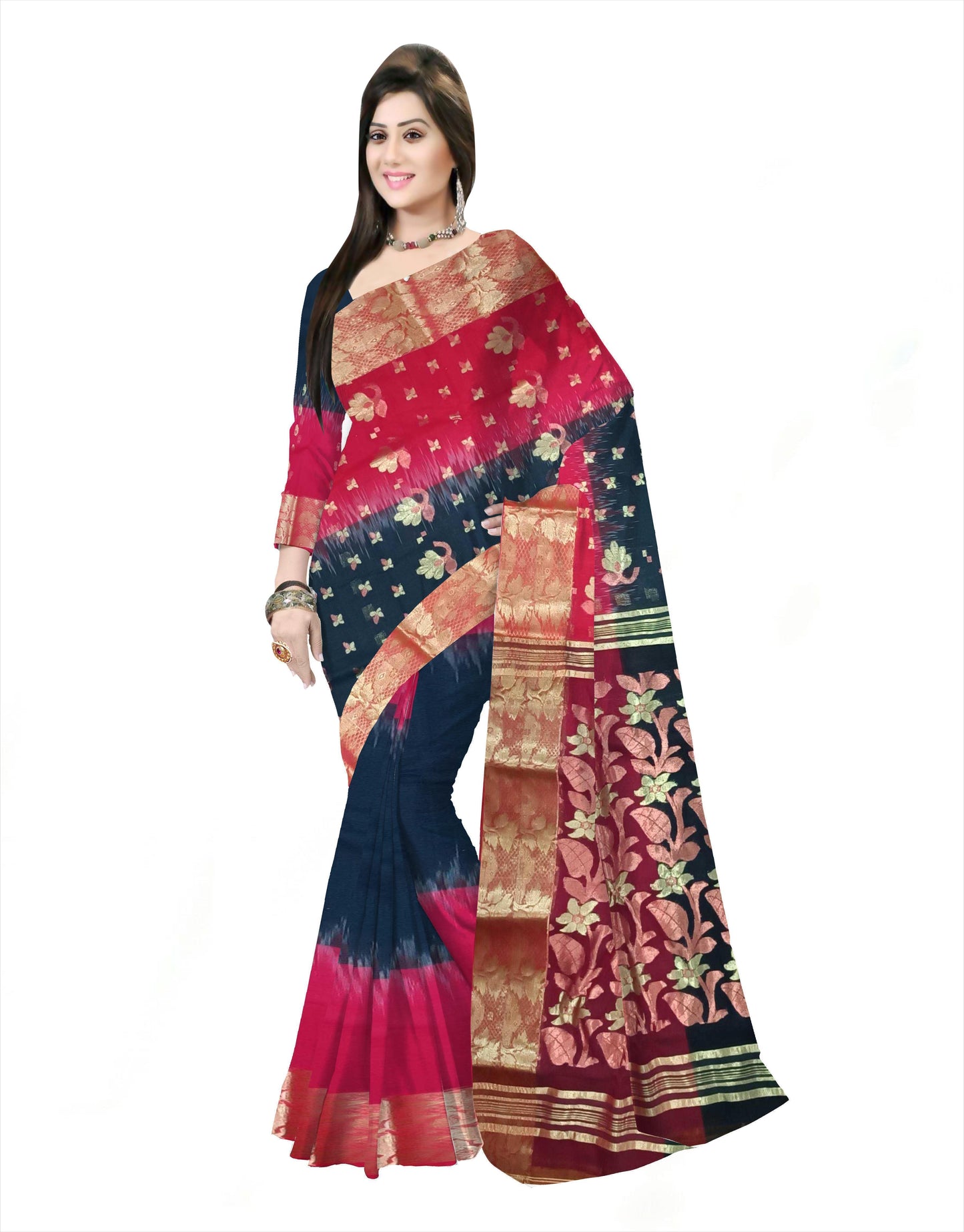 Pradip Fabrics Ethnic Women's Tant cotton Black & Red Color Saree