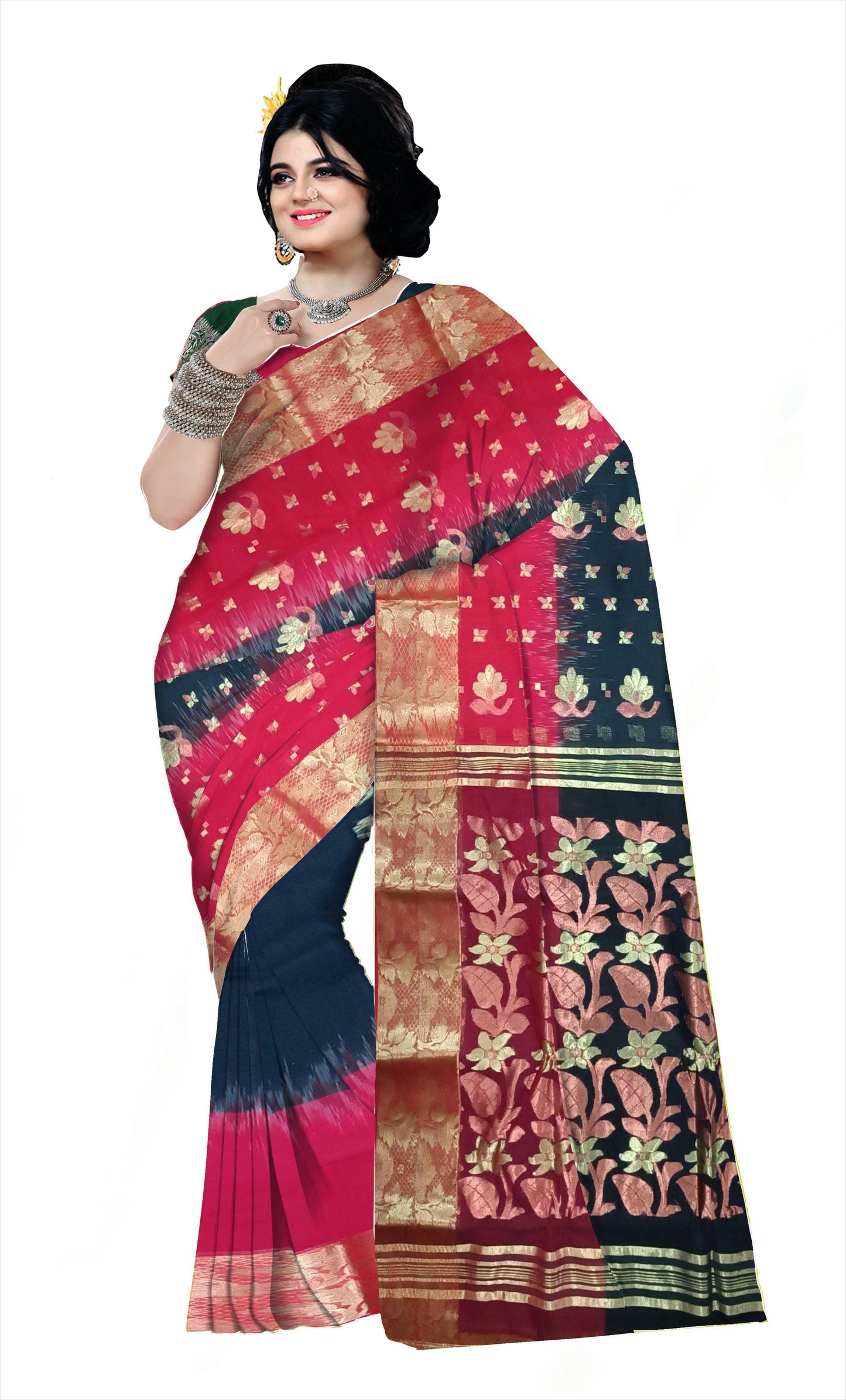 Pradip Fabrics Ethnic Women's Tant cotton Black & Red Color Saree