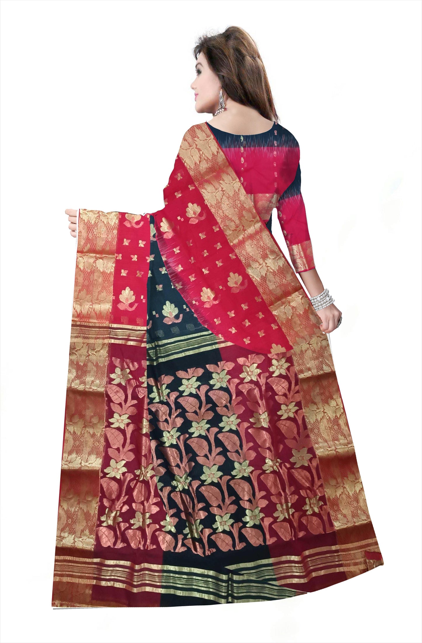 Pradip Fabrics Ethnic Women's Tant cotton Black & Red Color Saree