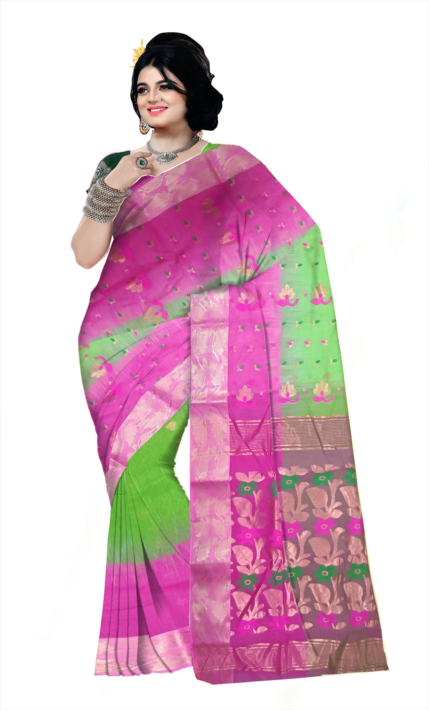 Pradip Fabrics Ethnic Women's Cotton Tant cotton Green & pink Color Saree