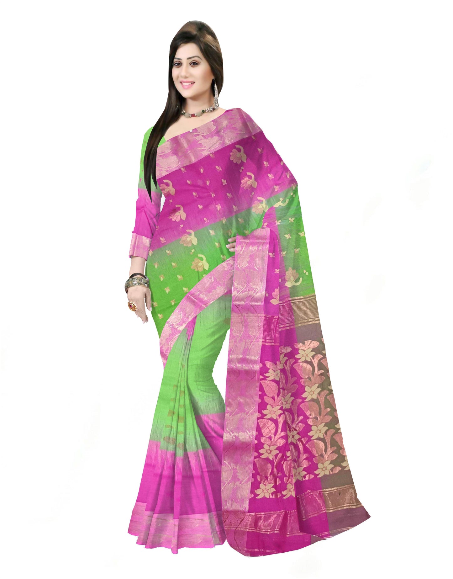 Pradip Fabrics Ethnic Women's Cotton Tant cotton Green & pink Color Saree