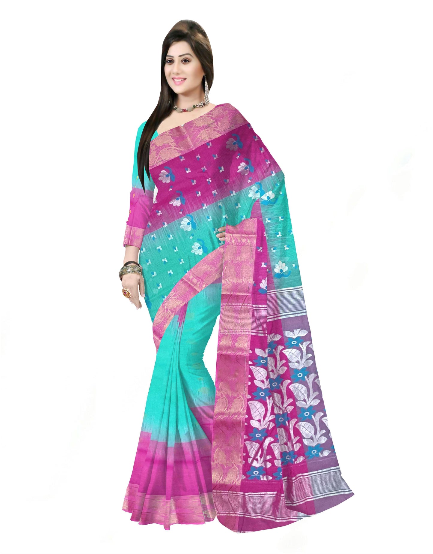 Pradip Fabrics Ethnic Women's Cotton Tant cotton Sea Green & pink Color Saree