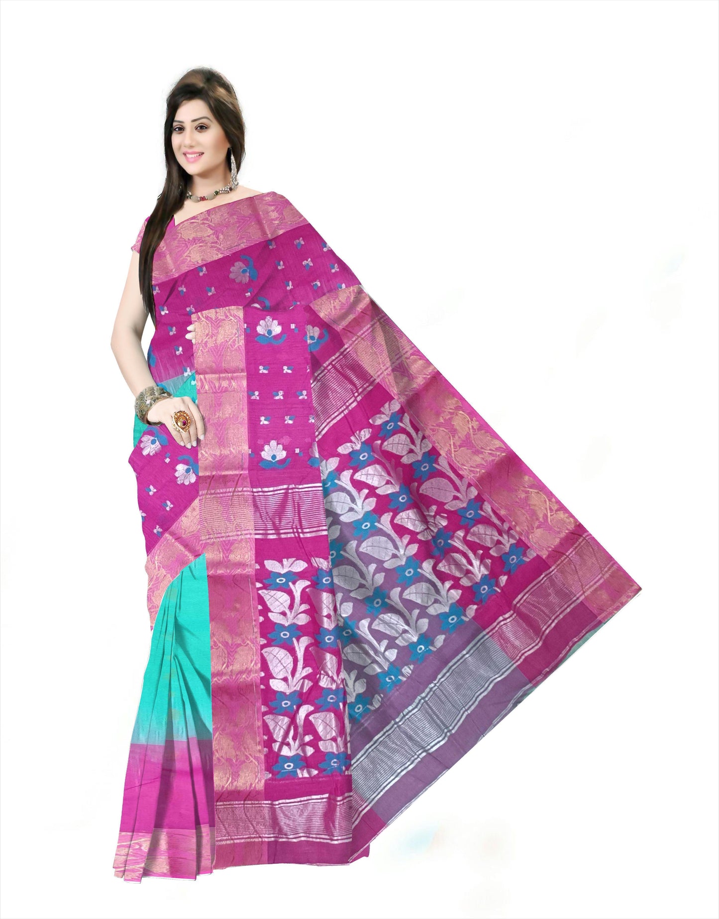 Pradip Fabrics Ethnic Women's Cotton Tant cotton Sea Green & pink Color Saree