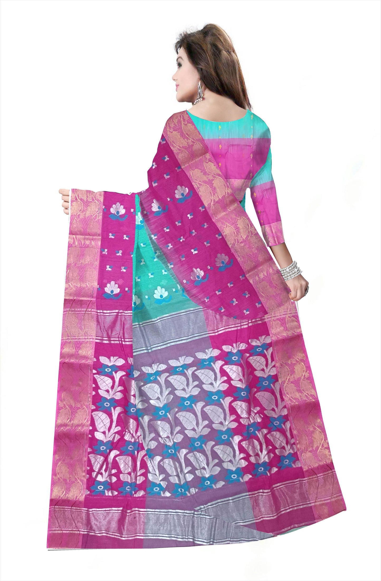 Pradip Fabrics Ethnic Women's Cotton Tant cotton Sea Green & pink Color Saree