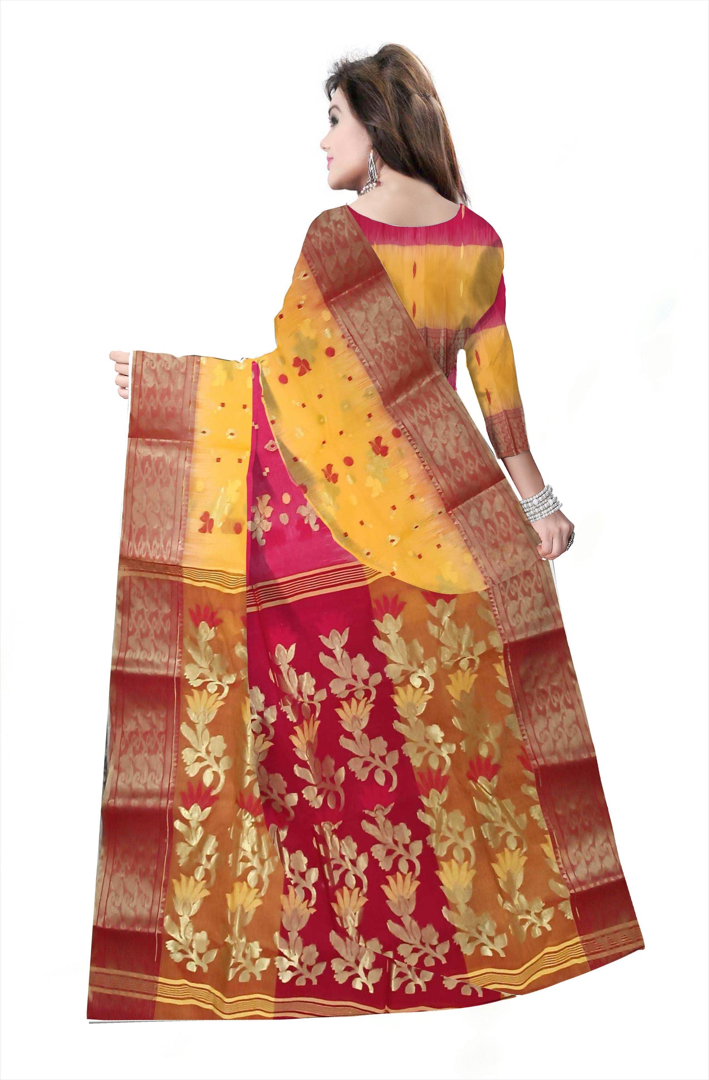 Pradip Fabrics Ethnic Women's Tant Silk Red and Yellow Color Saree