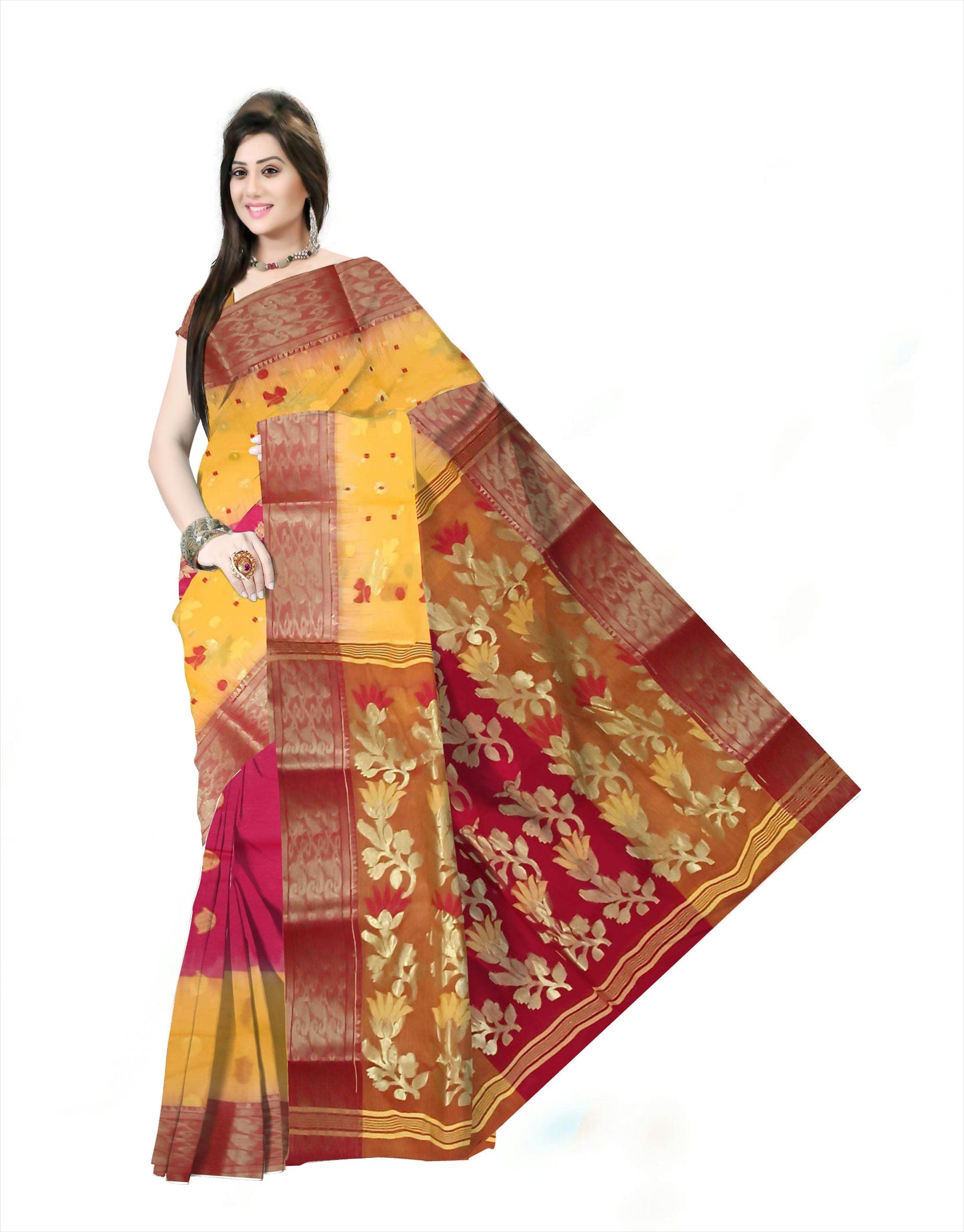 Pradip Fabrics Ethnic Women's Tant Silk Red and Yellow Color Saree
